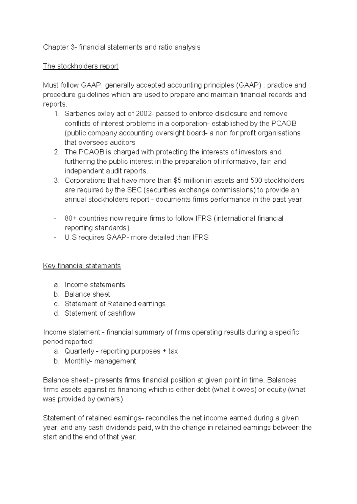 CF- Chapter 3 Summary: Financial Statements & Ratio Analysis - Studocu