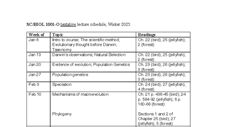 Tentative Lecture Schedule for 1001-O: Winter 2025 - Studocu