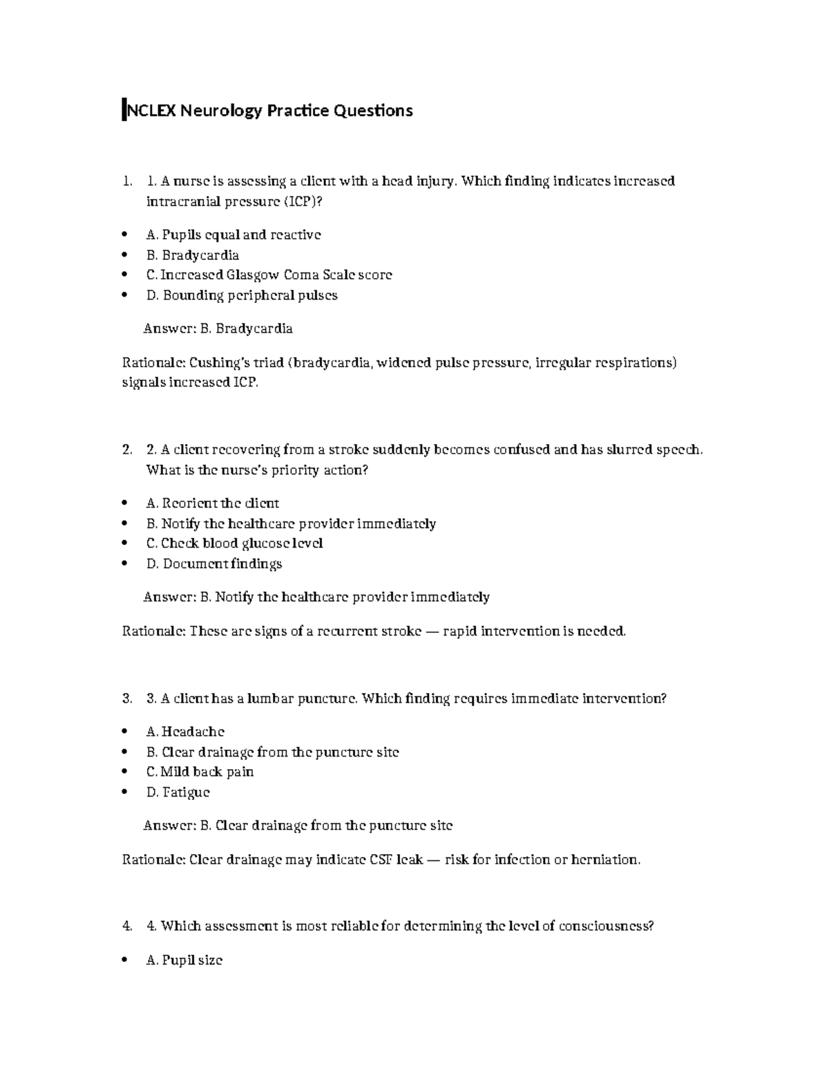 NCLEX Neurology Practice Questions Set for Exam Preparation - Studocu