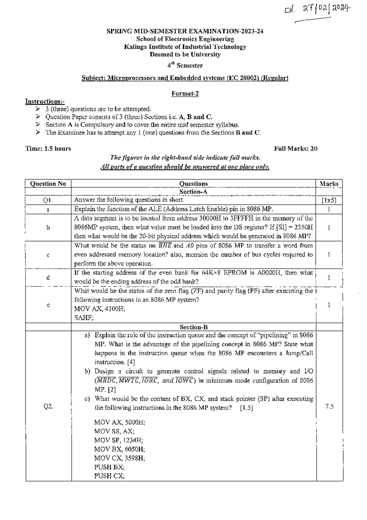 4th Sem Midterm Exam: Microprocessors & Embedded Systems (EC 2000 2 ...