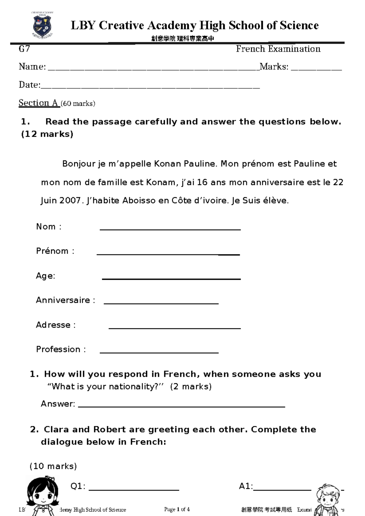 G7 French Exam Paper - L Creative Academy High School of Science - Studocu