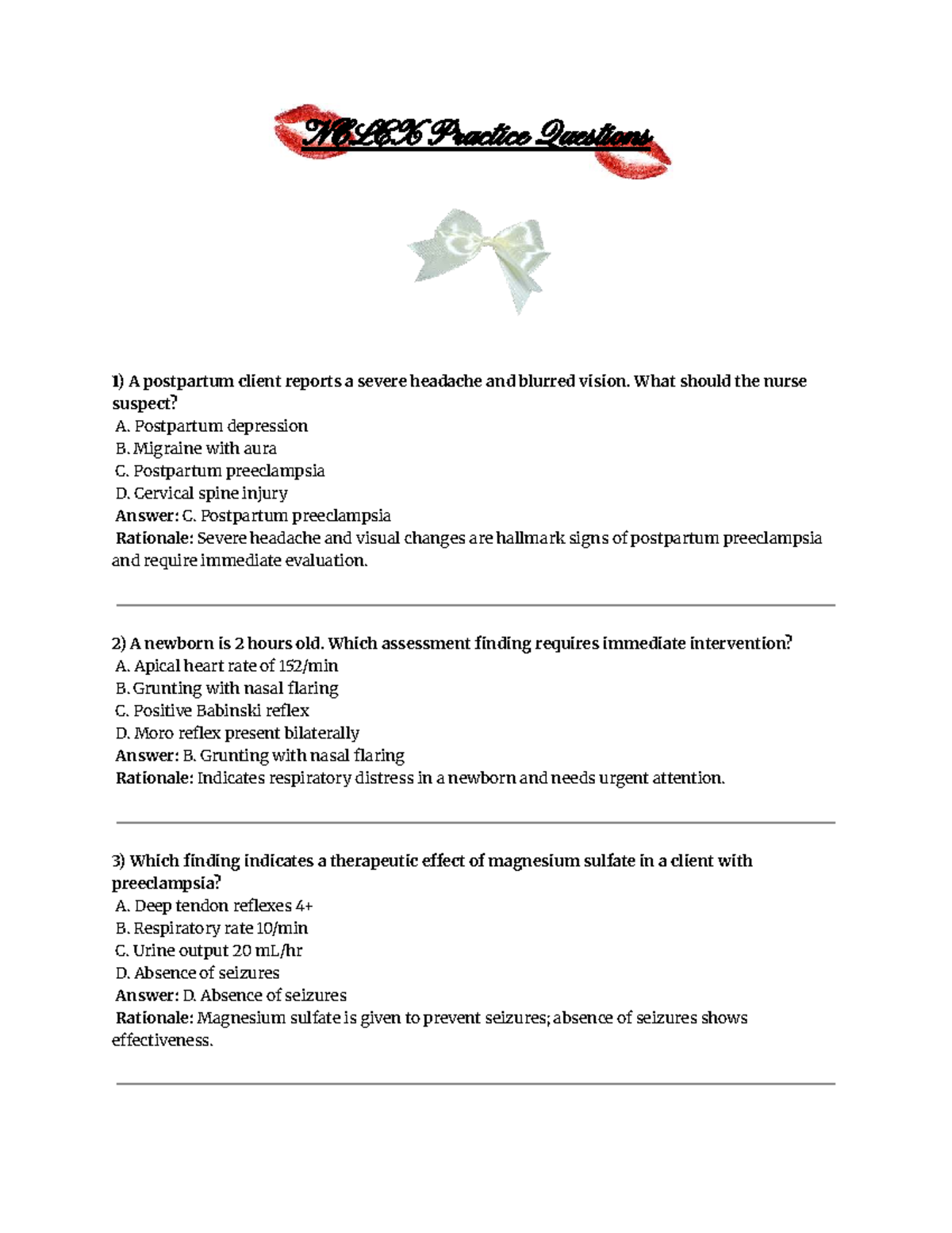 NCLEX Practice Questions: Key Concepts and Answers for Success - Studocu