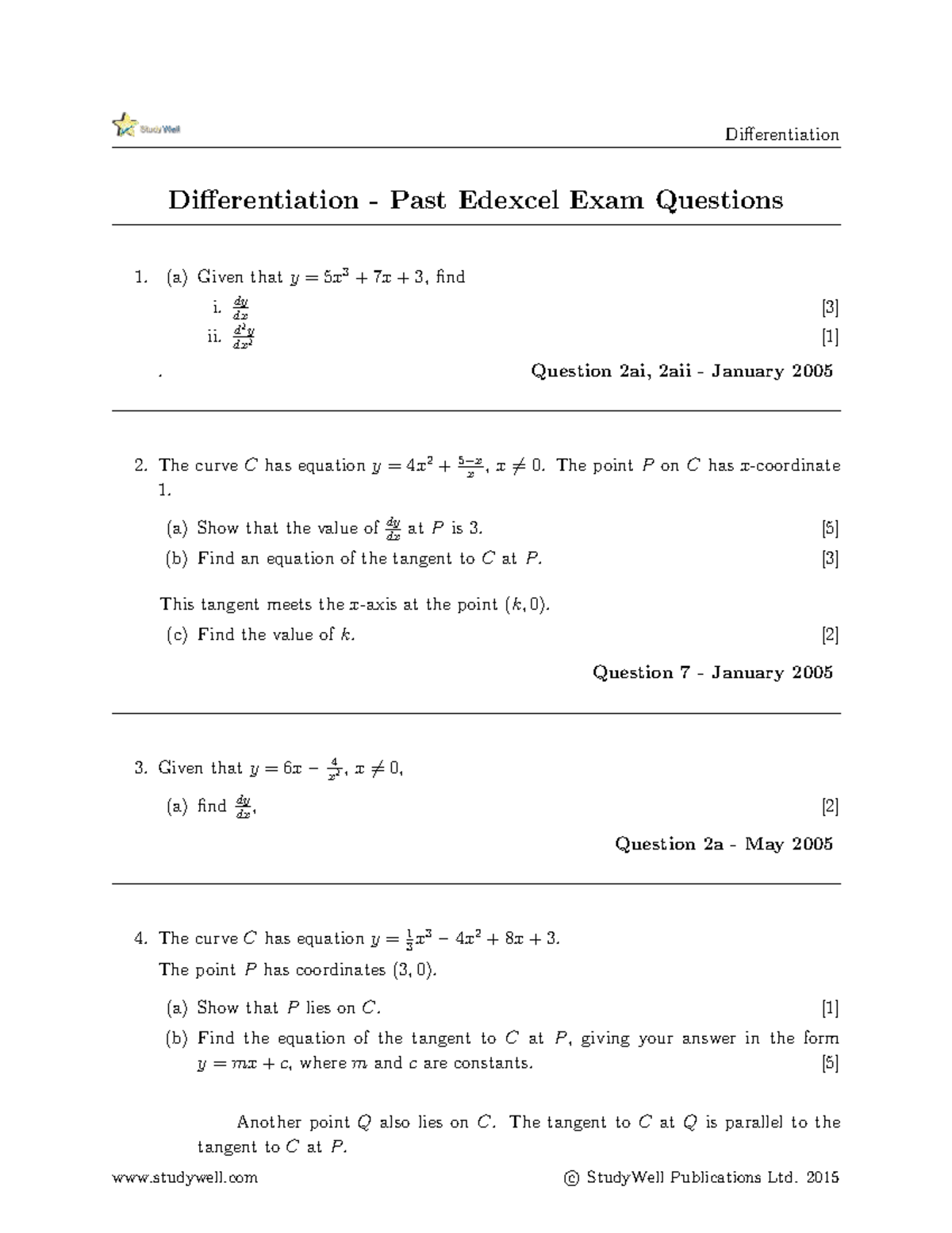 Differentiation - Variety of questions from past papers ...
