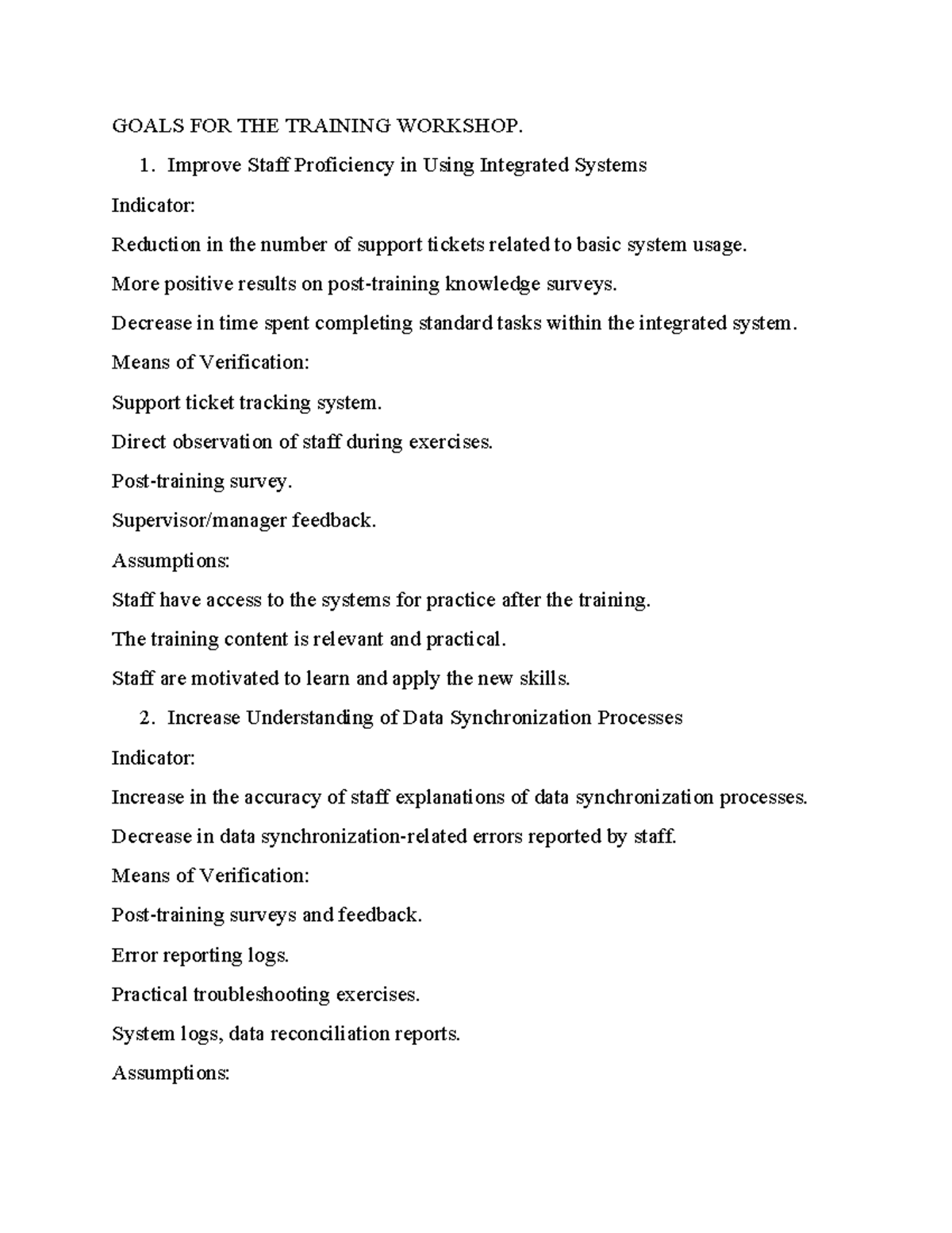 Training Workshop Goals and Evaluation for Integrated Systems - Studocu
