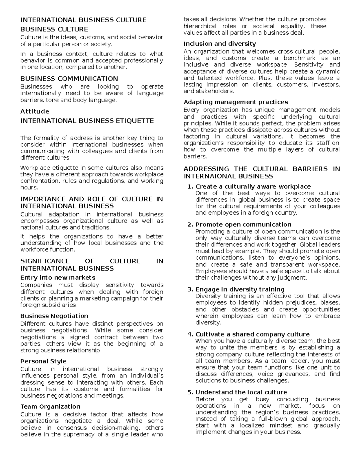 INT-BUS 101: Cultural Considerations in International Business - Studocu