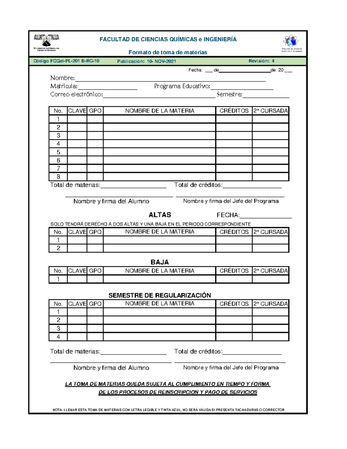 Formato de Toma de Materias FCQe I-PL-201 B-RG10 - Studocu