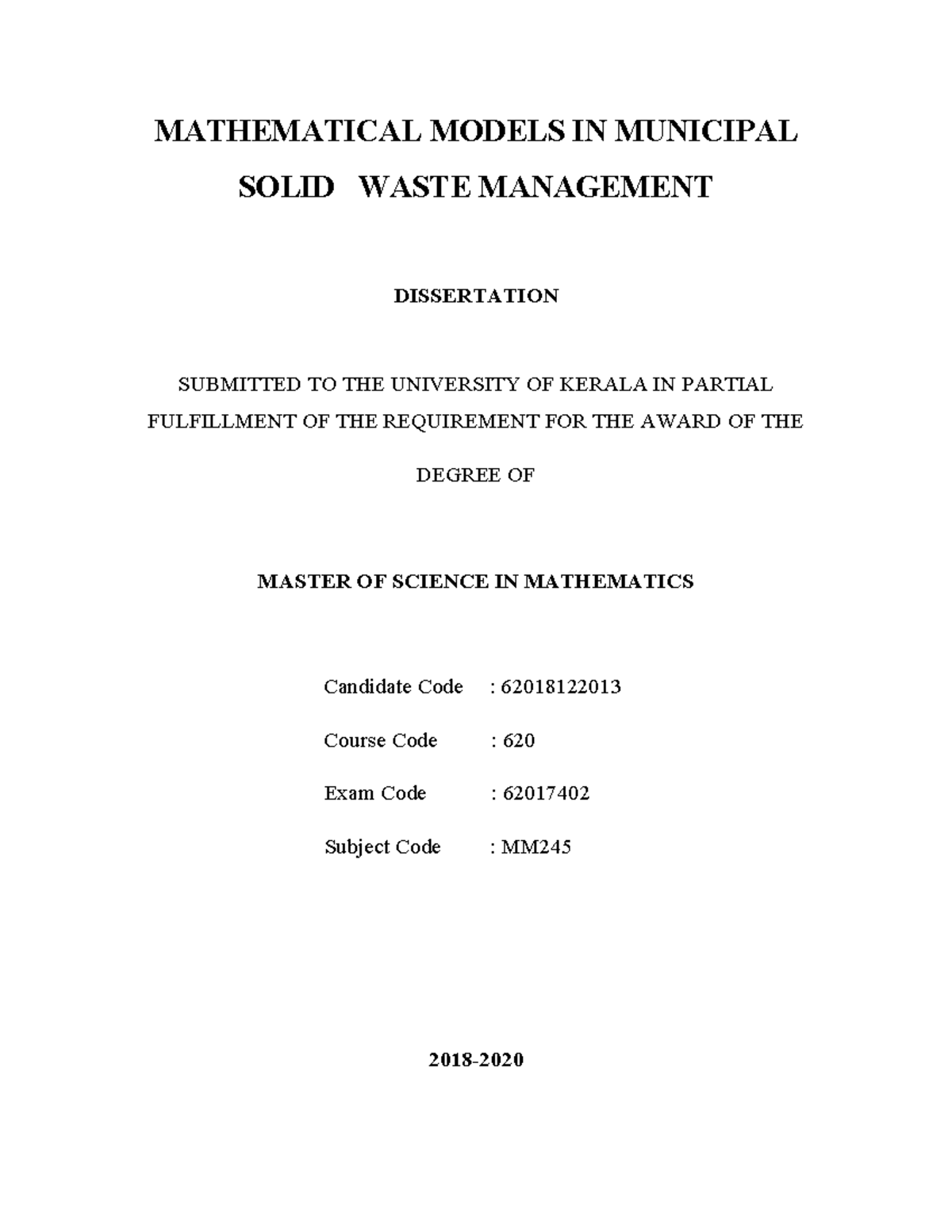 Mathematical Models for MSW Management: MSc Dissertation (620) - Studocu