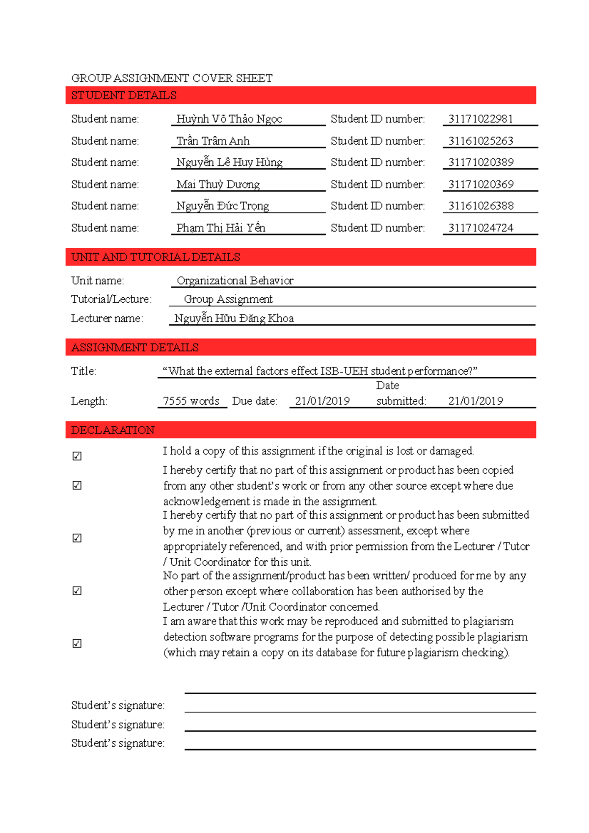 Group Assignment - OB 3117: Factors Affecting ISB-UEH Student ...
