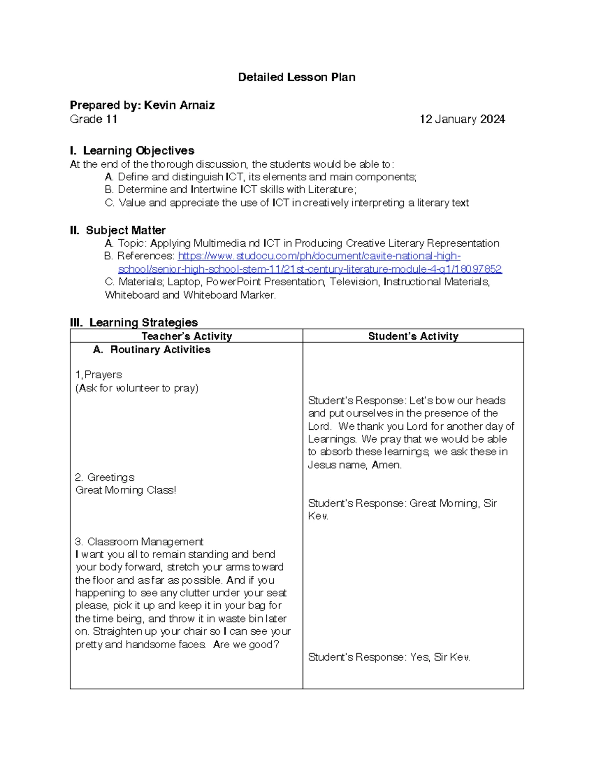 Grade 10 English Lesson Plan: Evaluating and Making Judgements - Studocu
