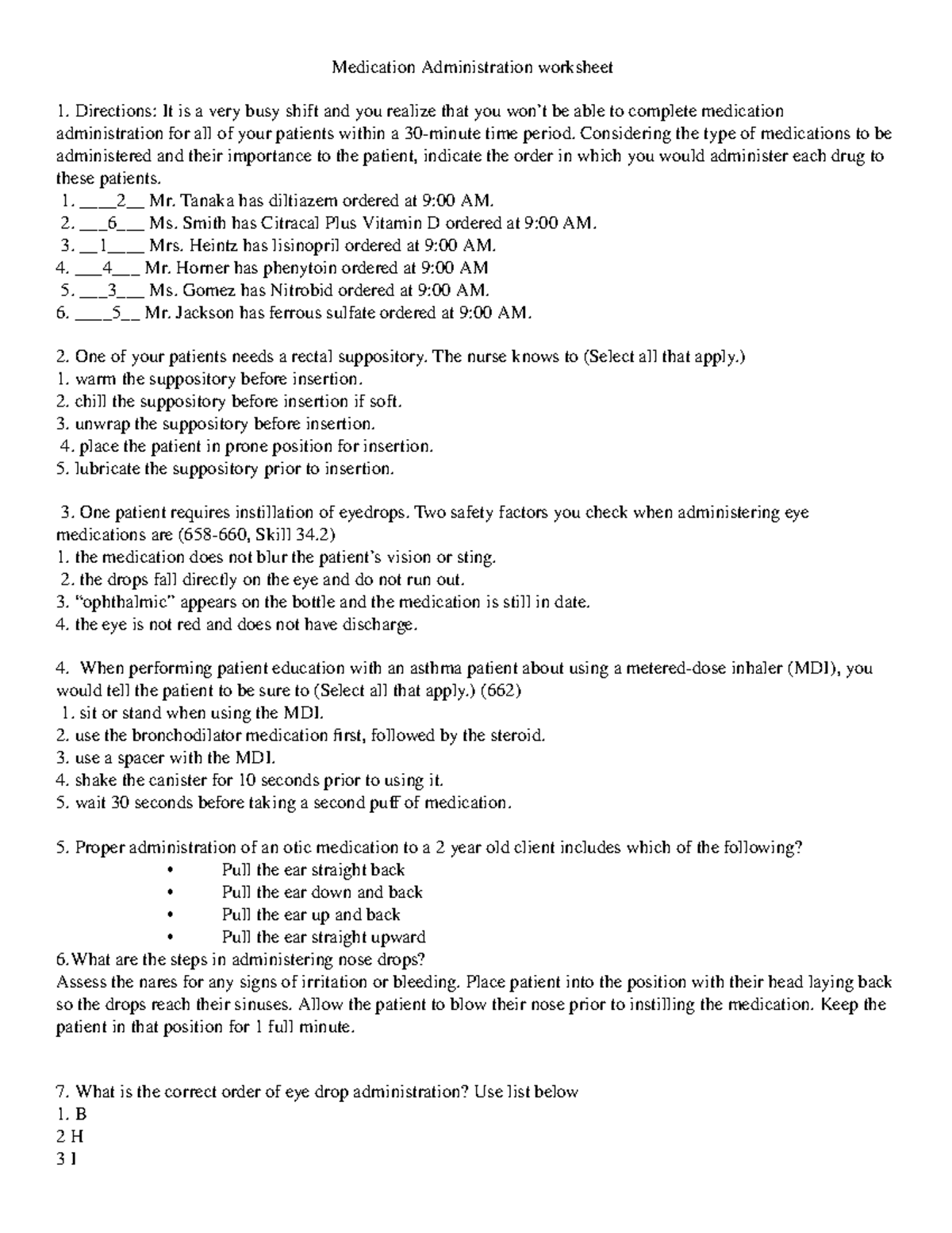 Medication Administration Worksheet: Prioritizing Patient Care - Studocu