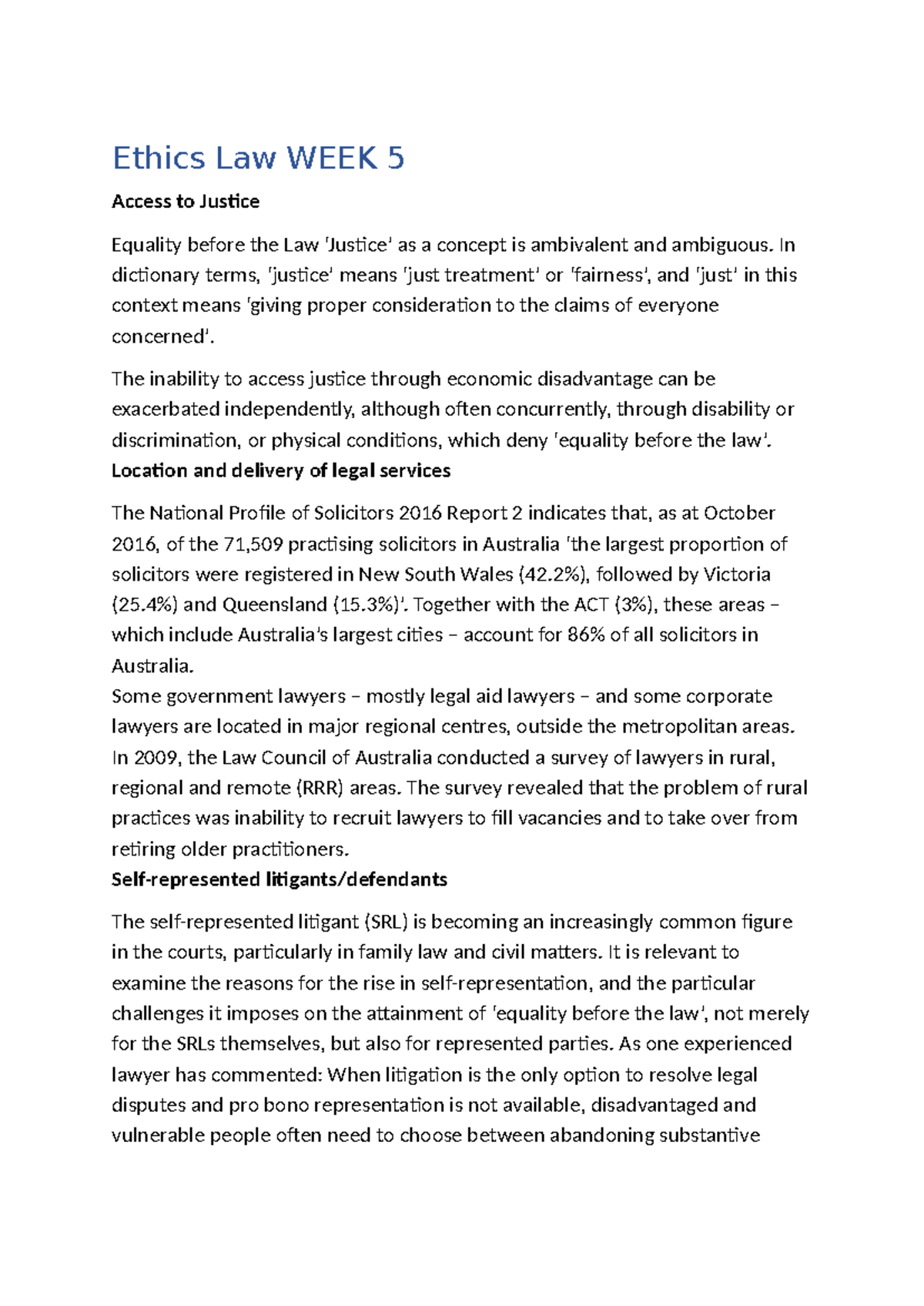 Ethics Law WEEK 5 - Access to Justice and Equality Before the Law - Studocu