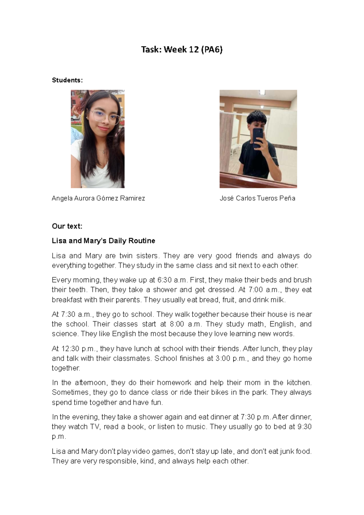 Week 12 Task (PA6): Daily Routine of Lisa and Mary - Studocu