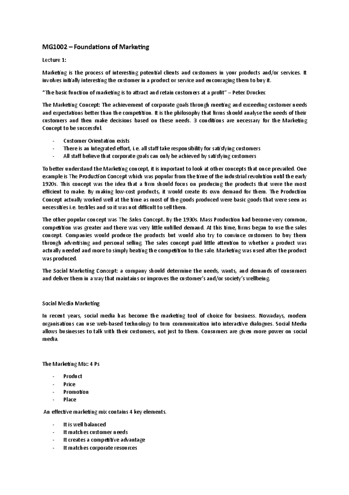 MG1002 - Foundations of Marketing Lecture Notes: Key Concepts and ...