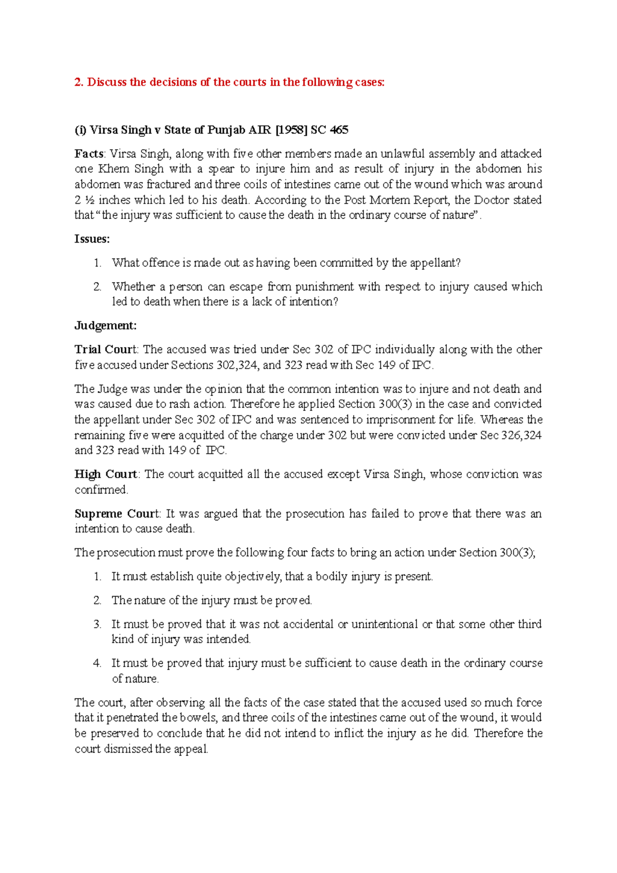 Culpable Homicide and Murder Case Law Analysis Tutorial Q2 - Studocu
