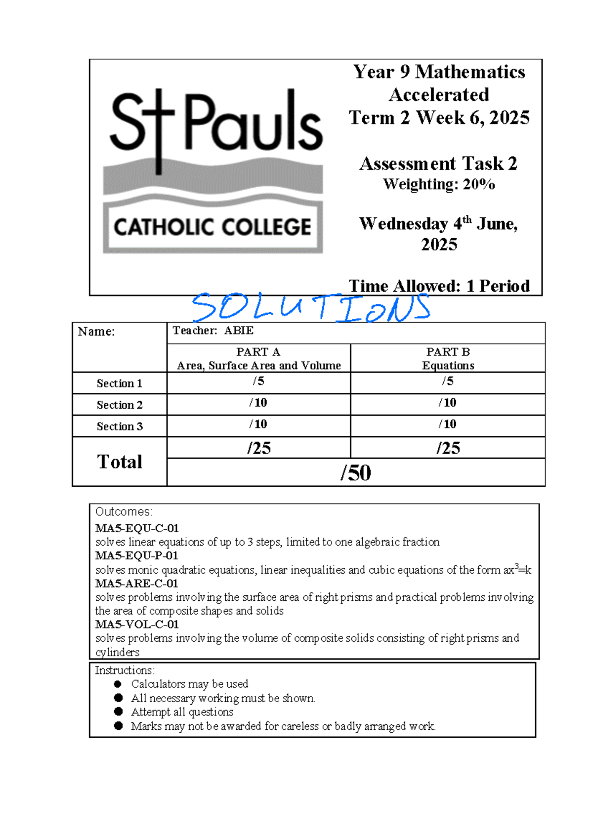 2025 Yr 9 Mathematics Accelerated AT2 - Solutions for Area & Equations ...