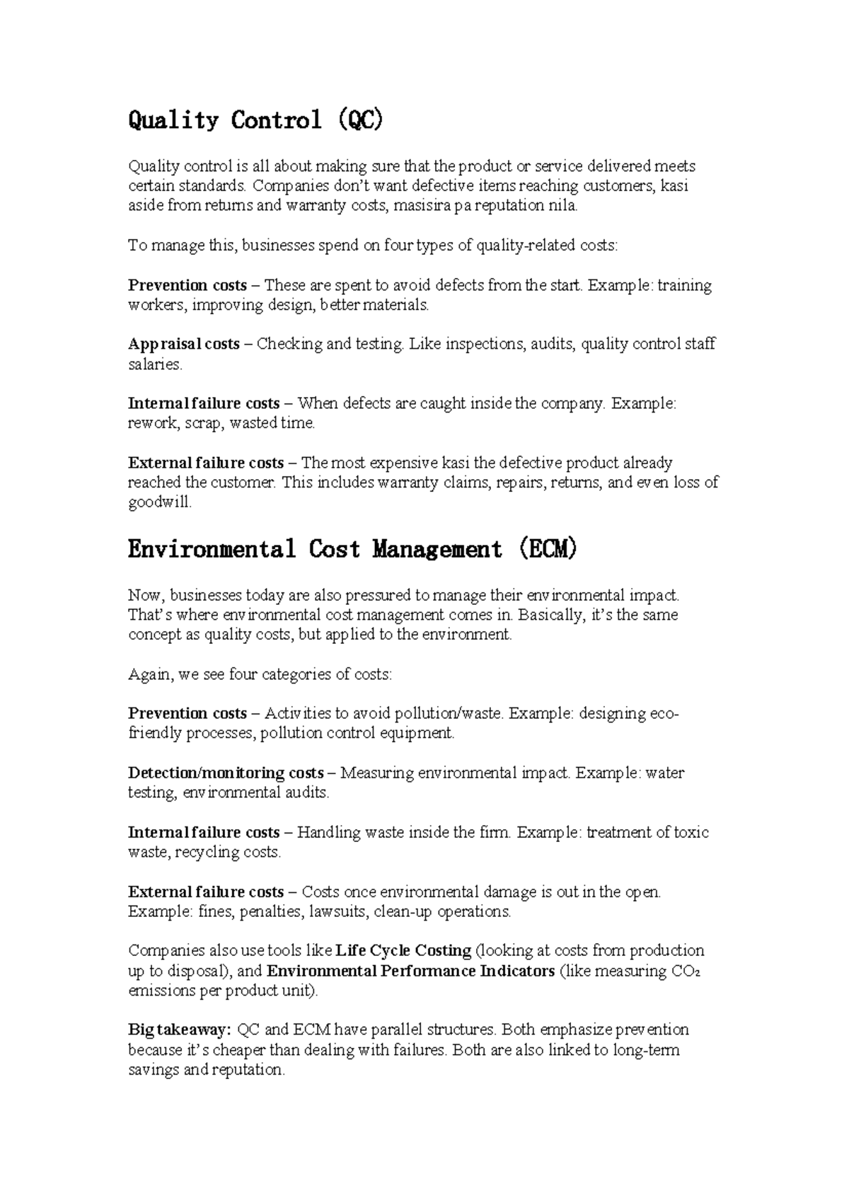 Notes on Quality Control (QC) and Environmental Cost Management (ECM ...