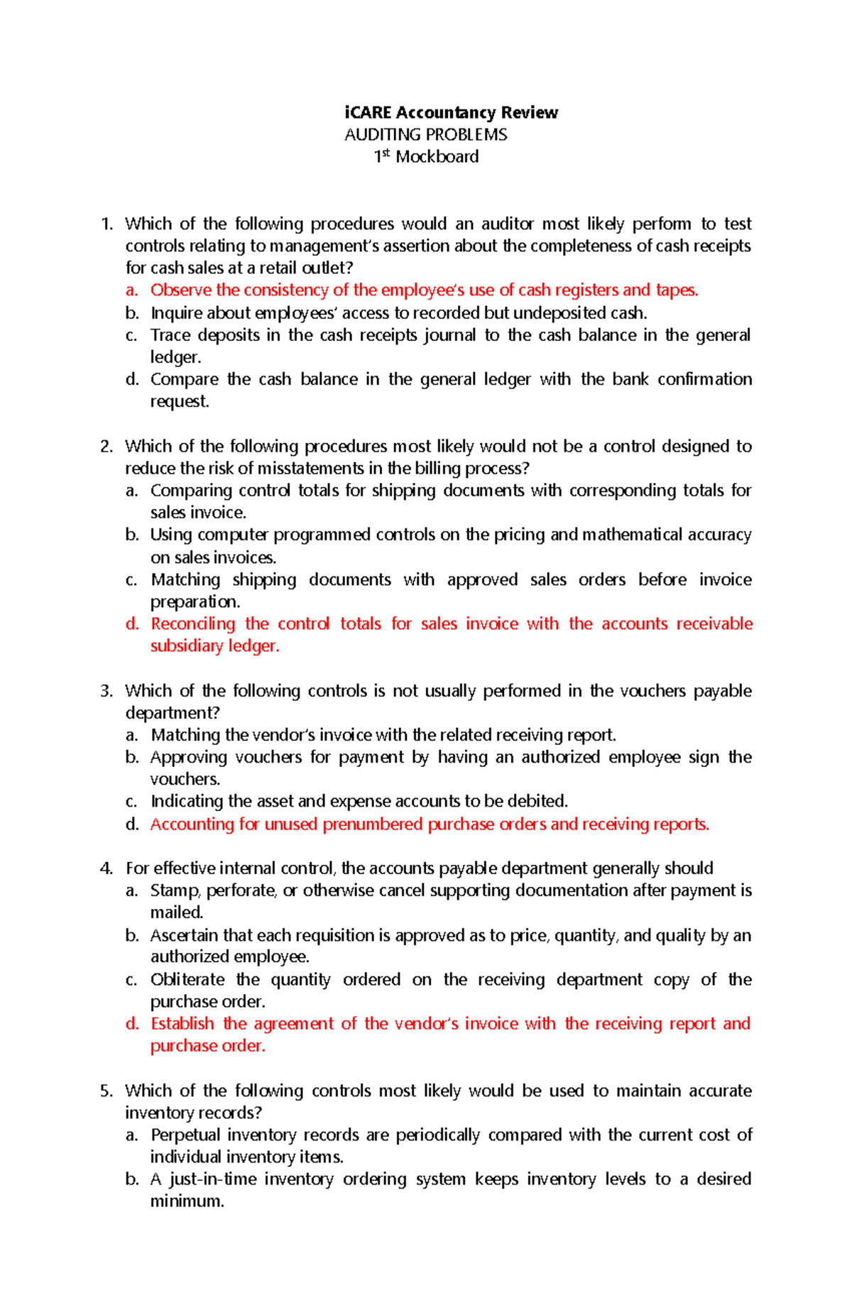 AUDITING PROBLEMS: iCARE Accountancy Review Mockboard Exam - Studocu