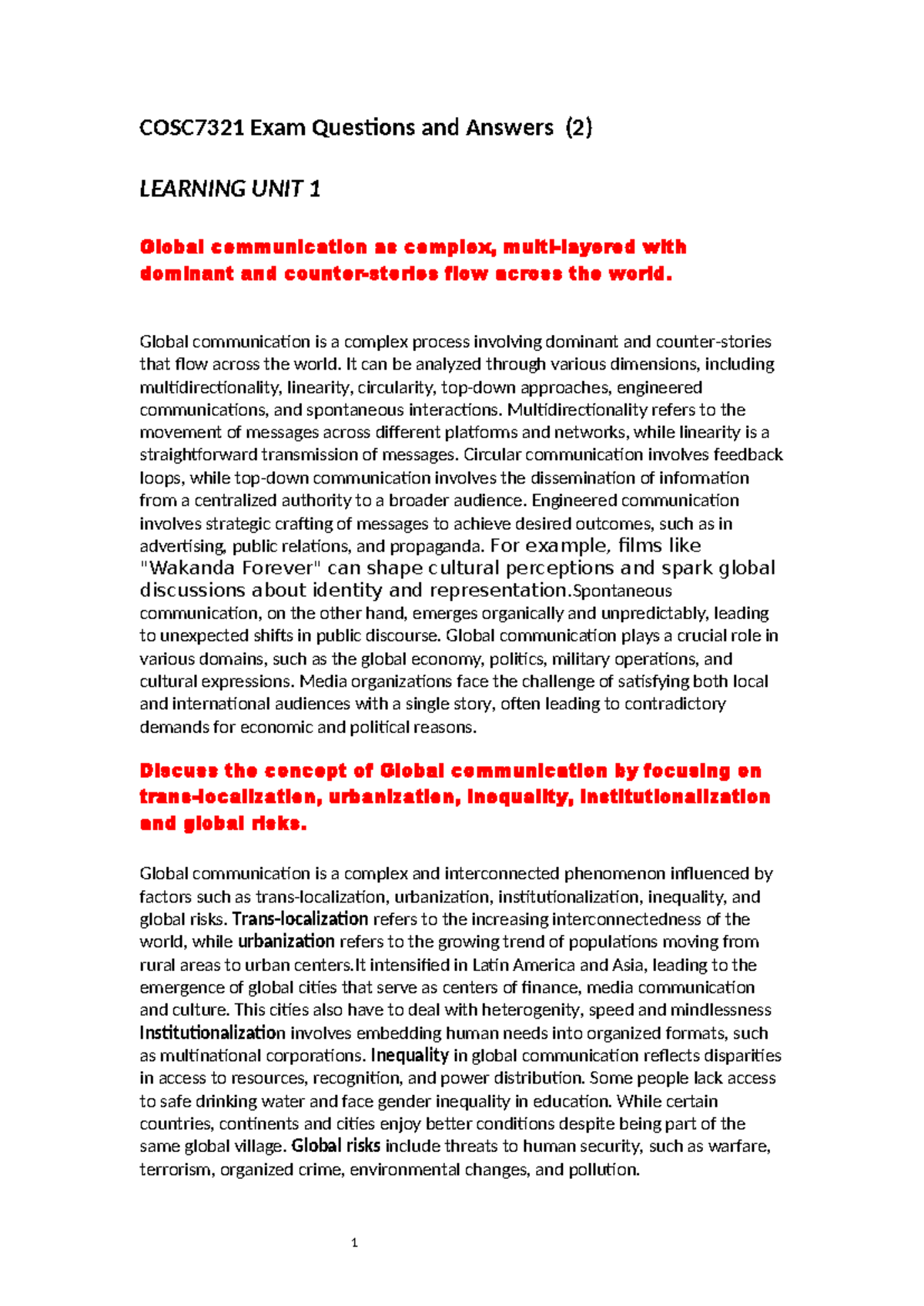 COSC7321 Final Exam Q&A on Global Communication Topics - Studocu