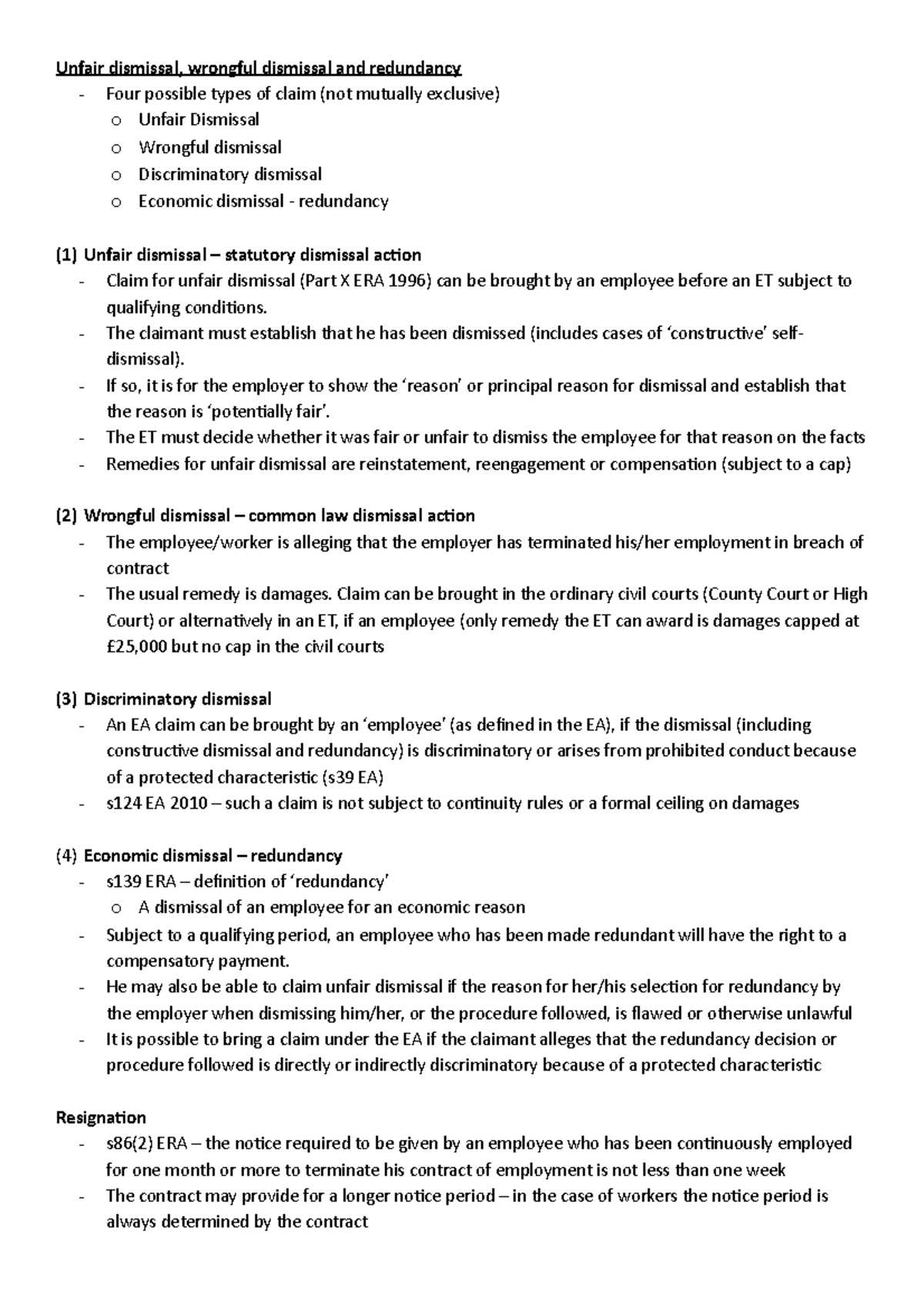 Employment law notes 7 - Unfair, wrongful dismissal and redundancy ...