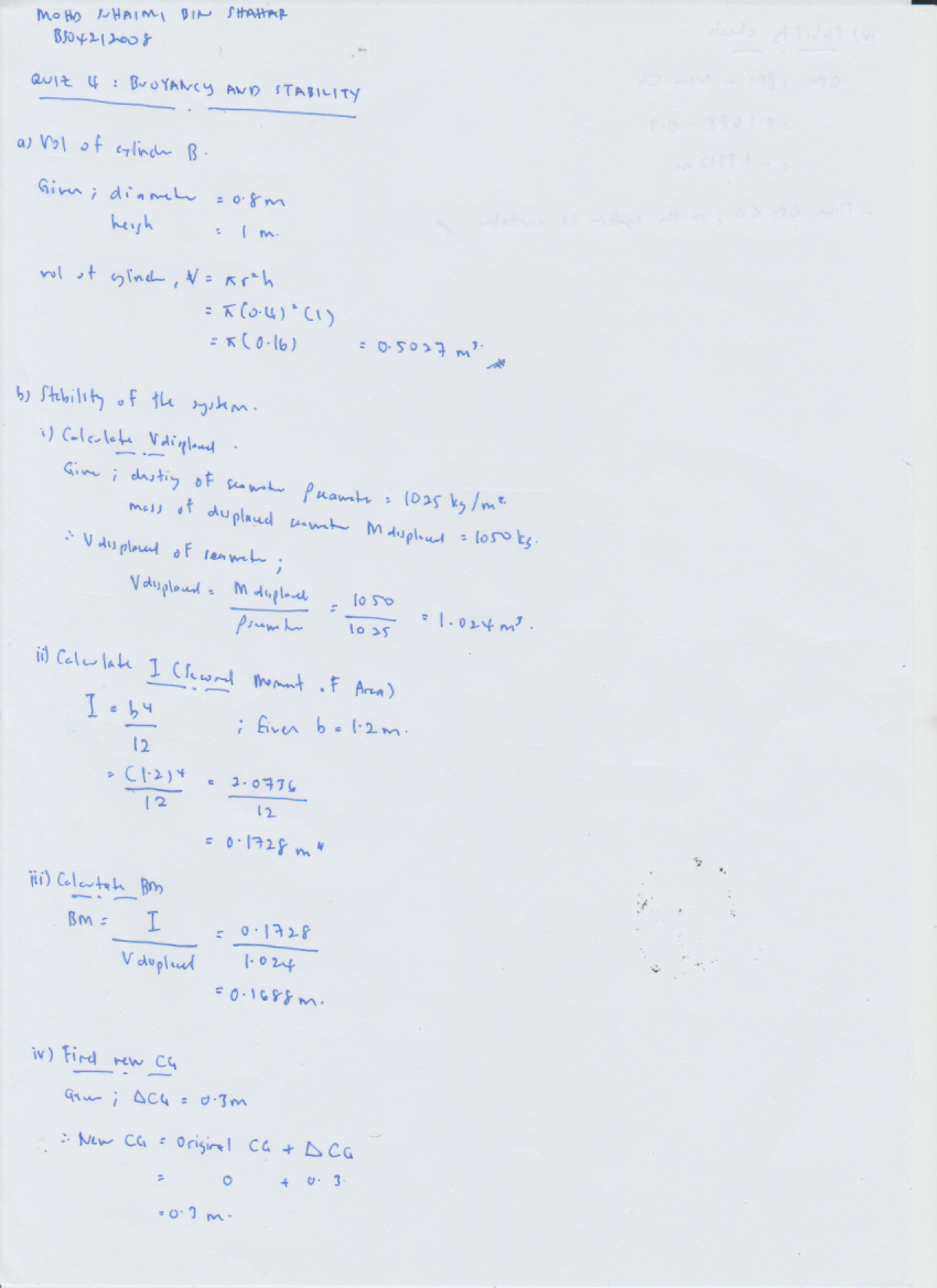 Fluid Mechanics Quiz 4: Buoyancy and Stability Analysis - Studocu