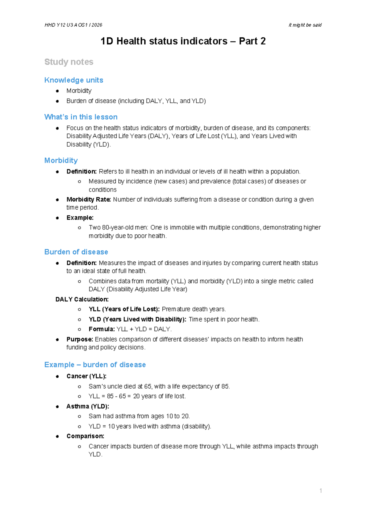 HHD Y12 U3 AOS1: Health Status Indicators Study Notes Part 2 - Studocu