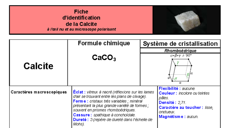 Fiche de la Calcite - Descriptions Minérales (18) - Studocu