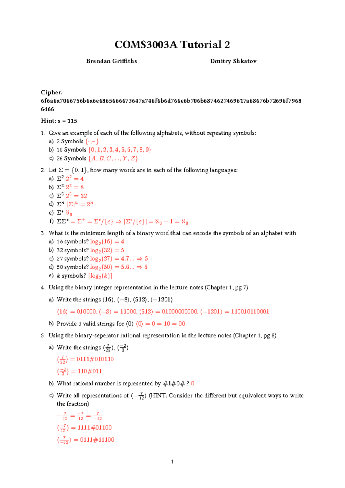 COMS3003A Tutorial 2 Solutions on Cipher and Representations - Studocu