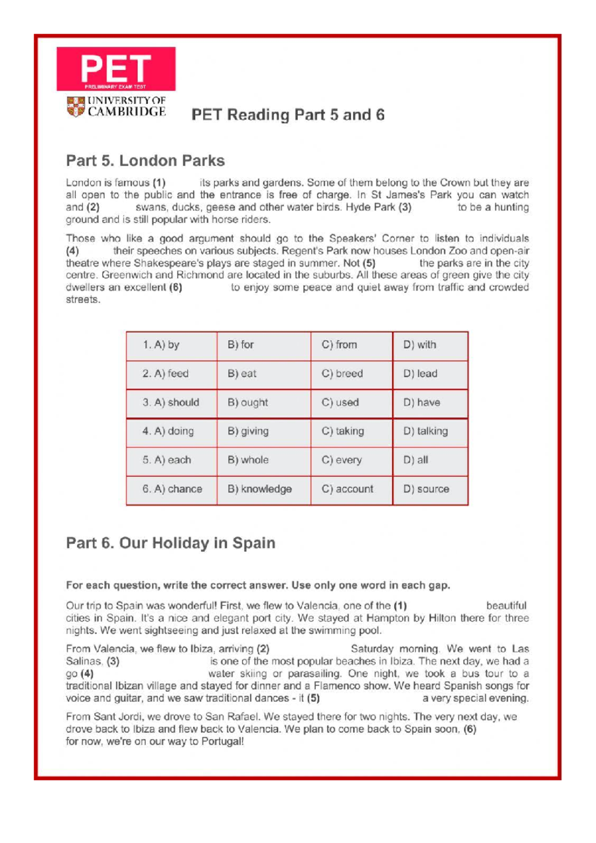 B1 PET Preliminary Exam Reading Part 5 & 6 Exercises - 2020 - Studocu