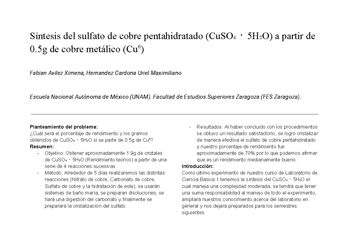 Informe síntesis de sulfato de cobre pentahidratado - Síntesis del