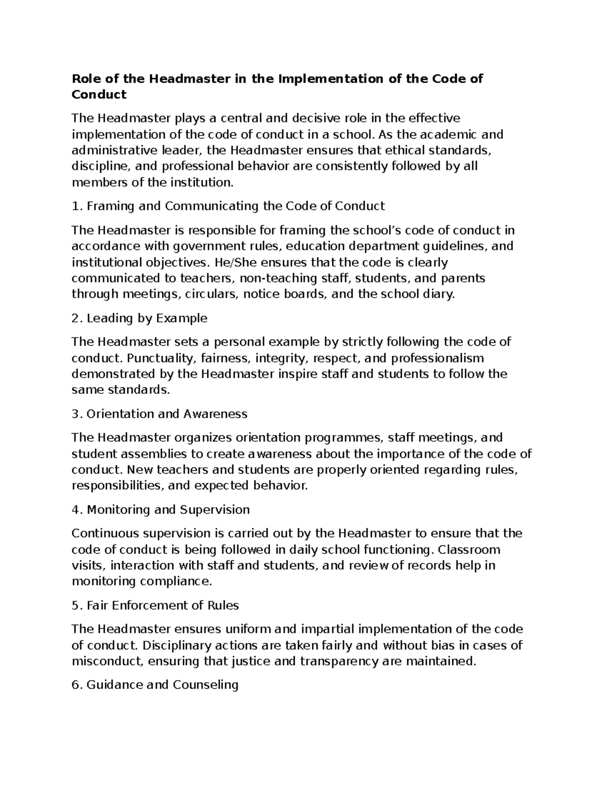 Role of the Headmaster in Implementing the Code of Conduct - Studocu