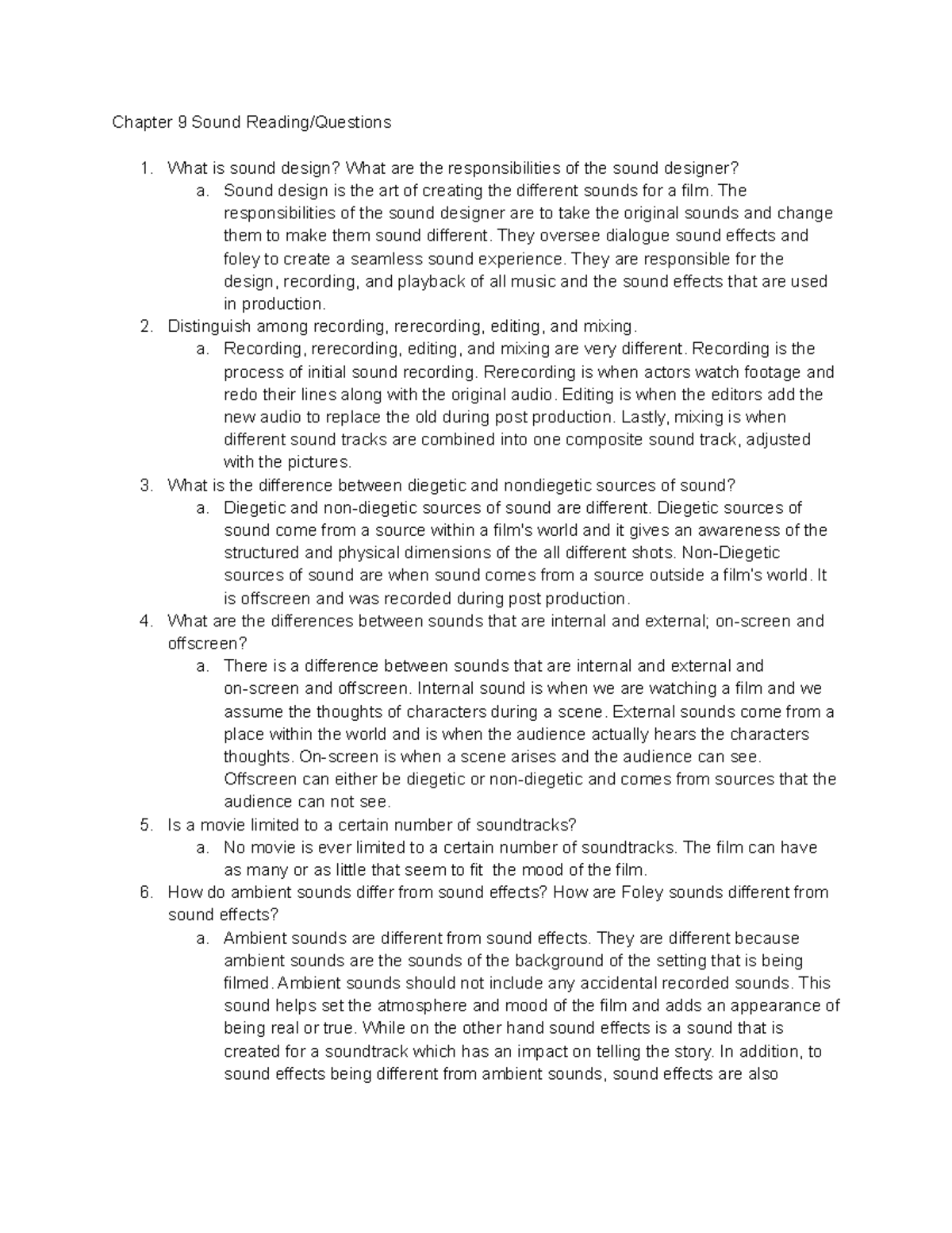 Chapter 9: Sound Design and Reading Questions - Studocu