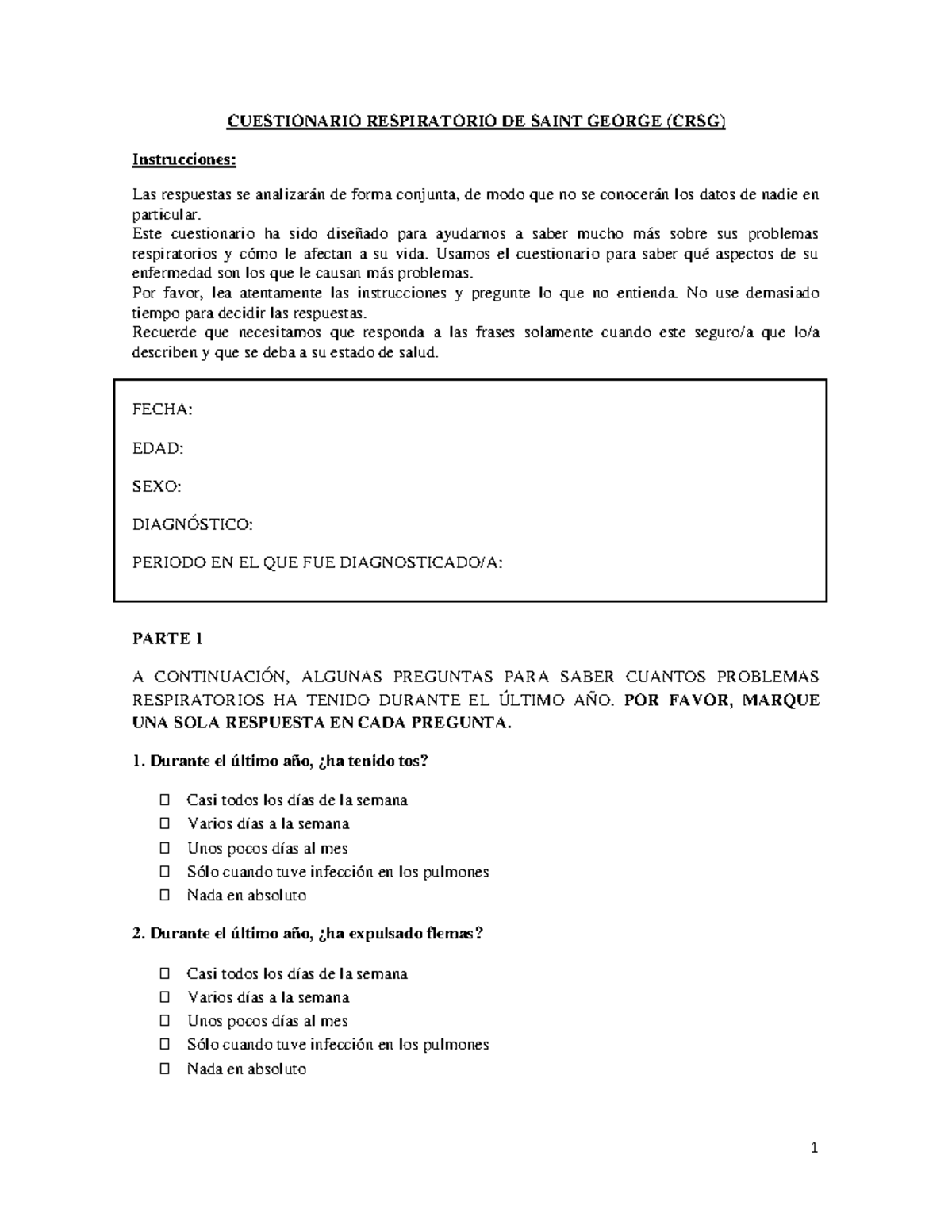 Cuestionario Respiratorio de Saint George (CRSG) - Instrucciones y ...