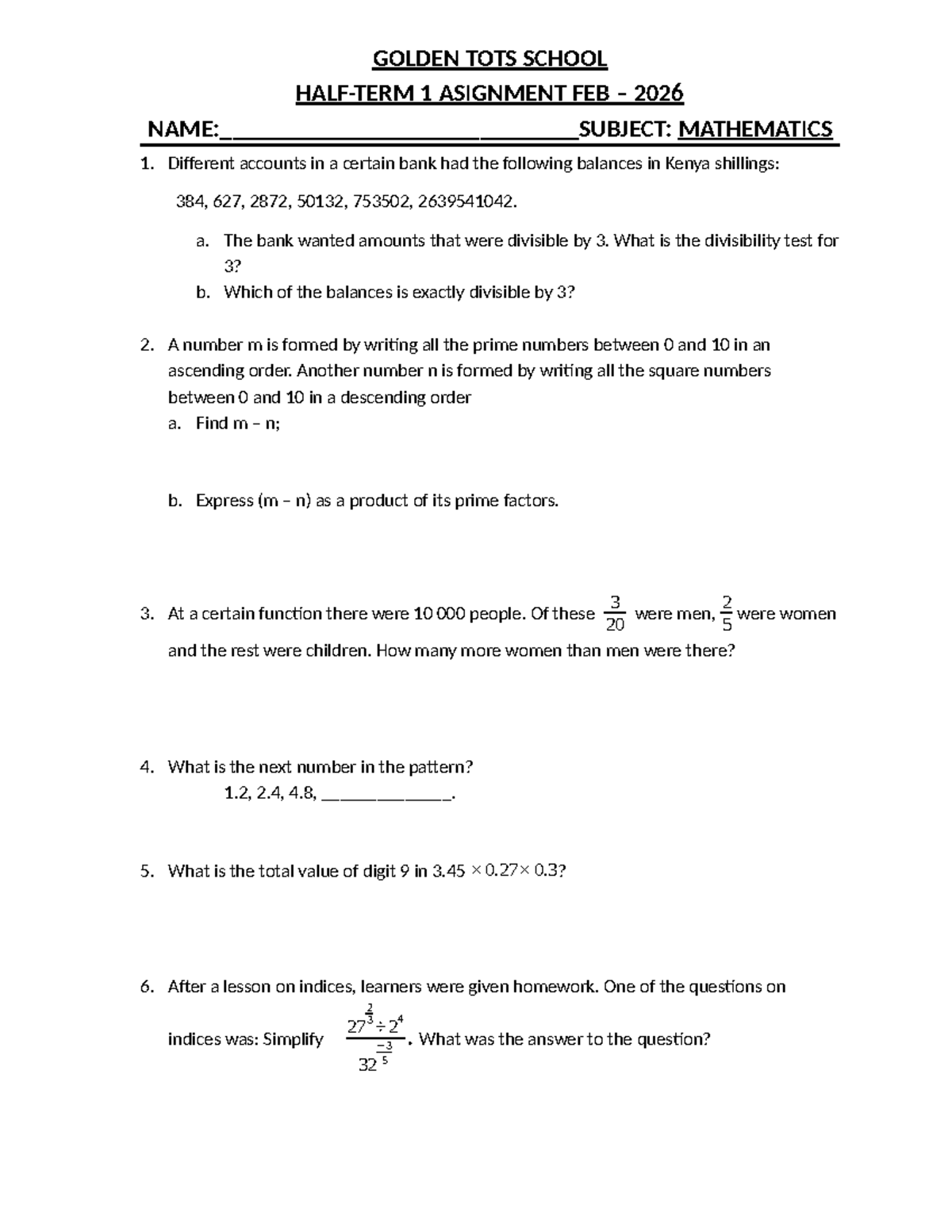 MATHEMATICS 1 ASSIGNMENT FEB 2026: HALF-TERM TASKS - Studocu