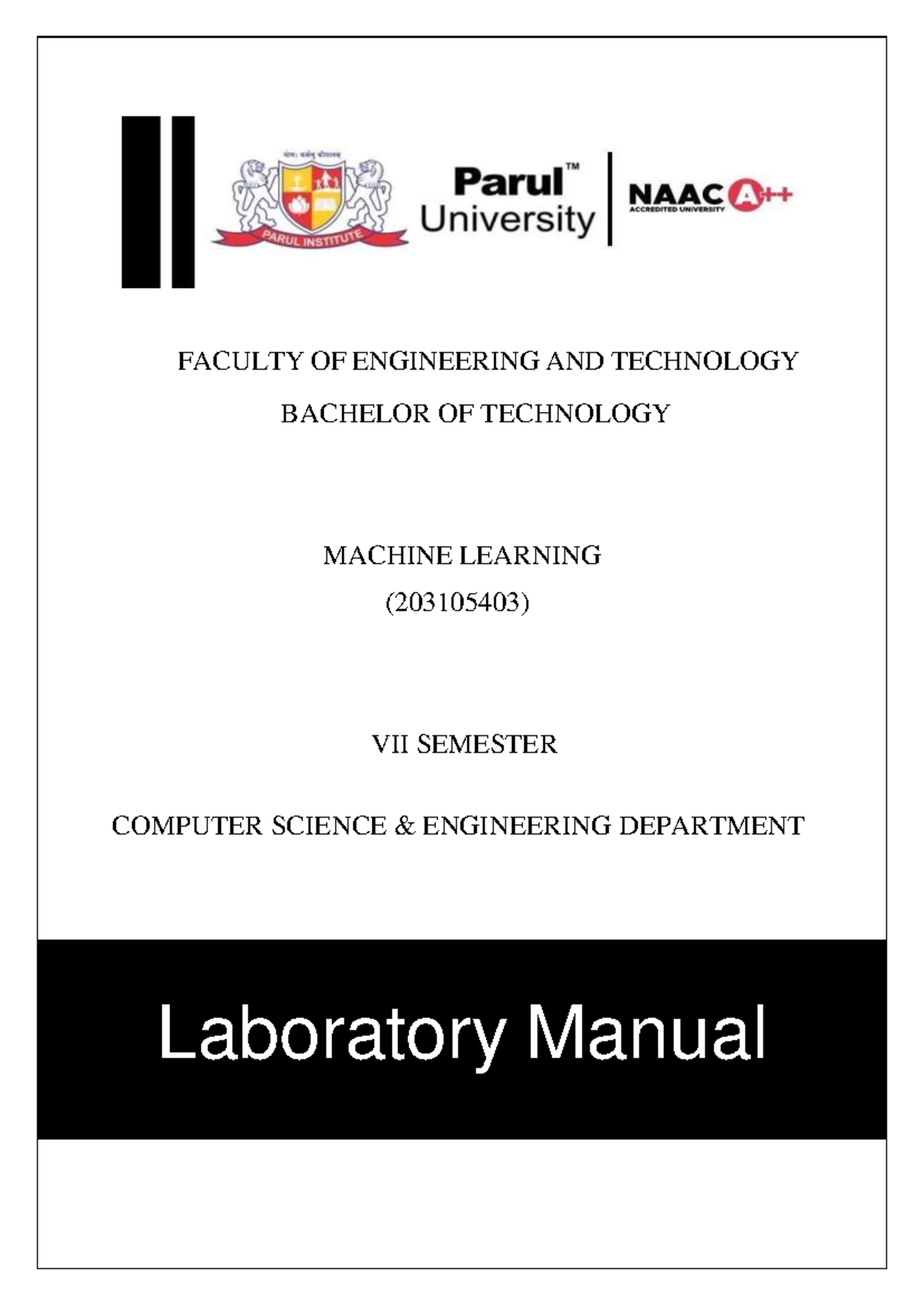 Machine Learning Lab Manual B CSE VII Sem 203105403 - Document Preview