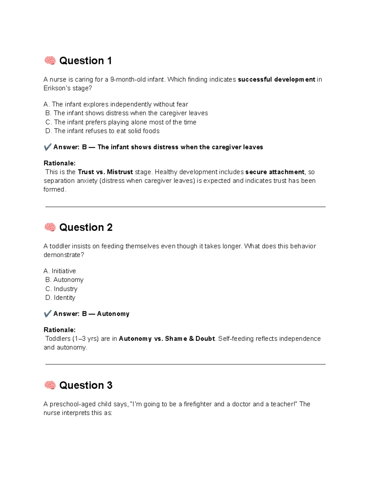 Peds - Erikson Developmental Stages Practice Questions - Studocu