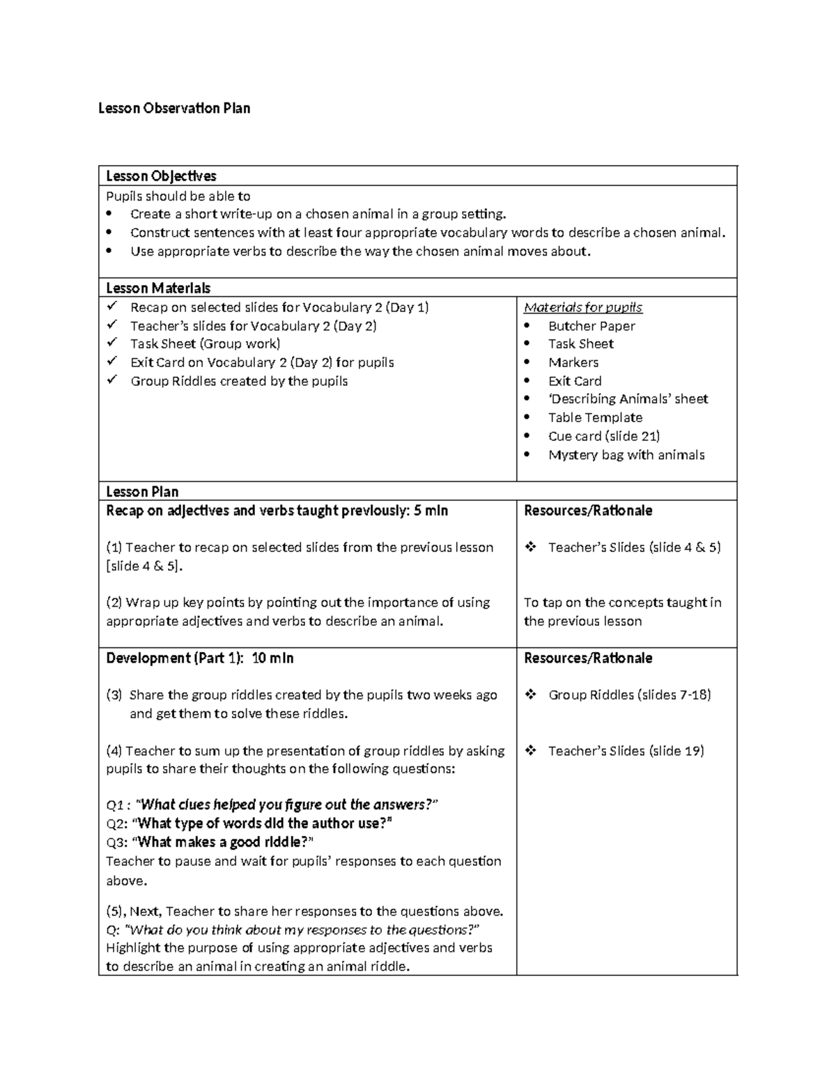 Lesson Observation Plan on Vocabulary - Lesson Observation Plan Lesson ...