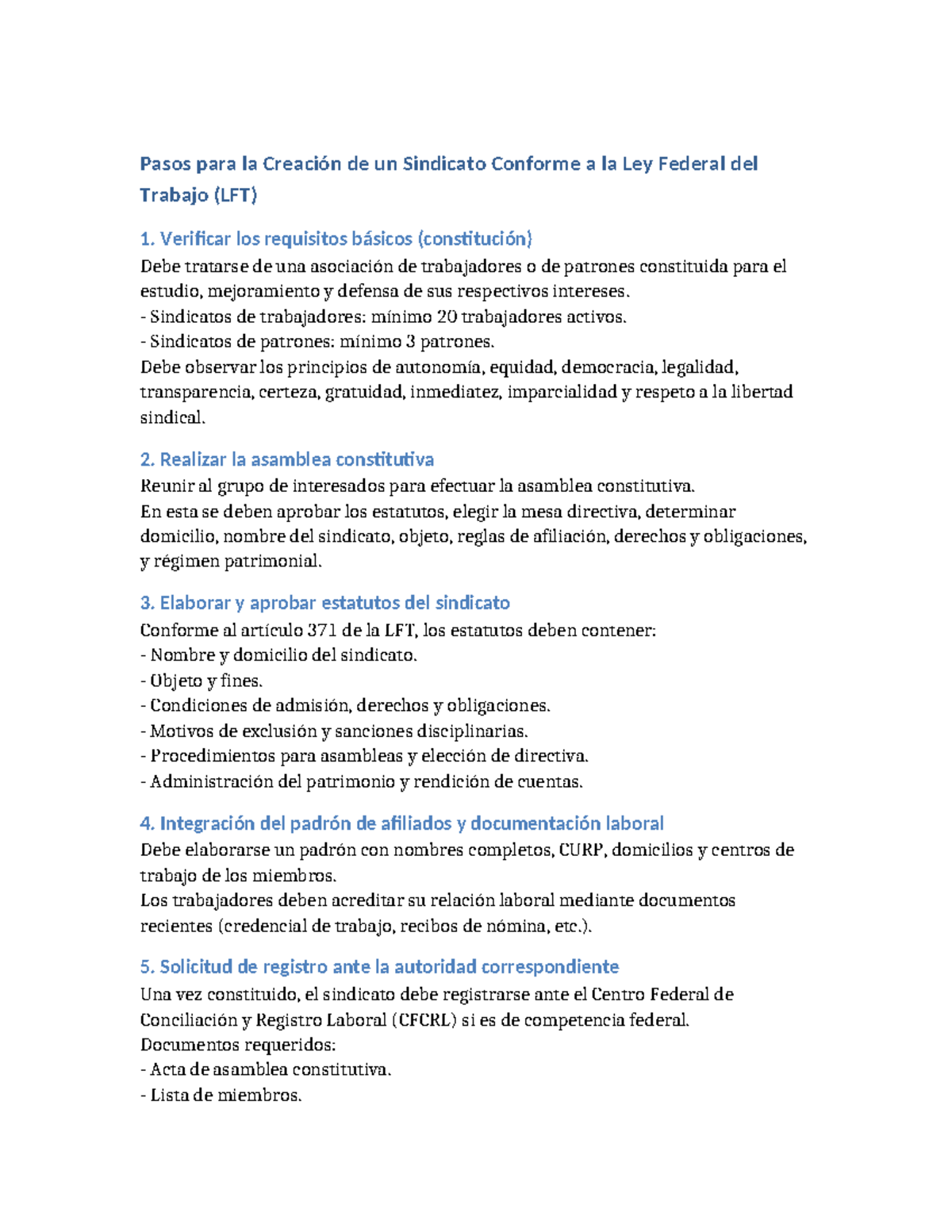 Pasos para la Creación de un Sindicato según la LFT - Studocu