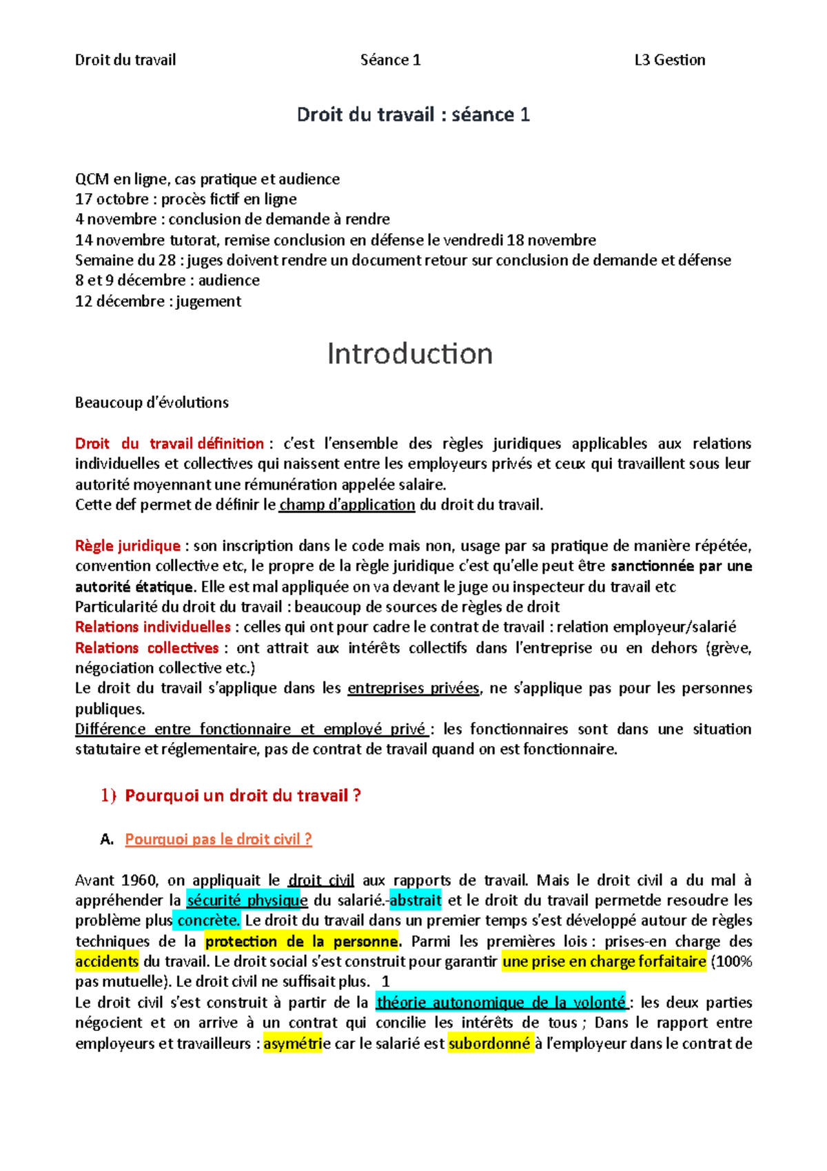 Cours 1 en Droit du Travail : Concepts Fondamentaux & Normes - Studocu