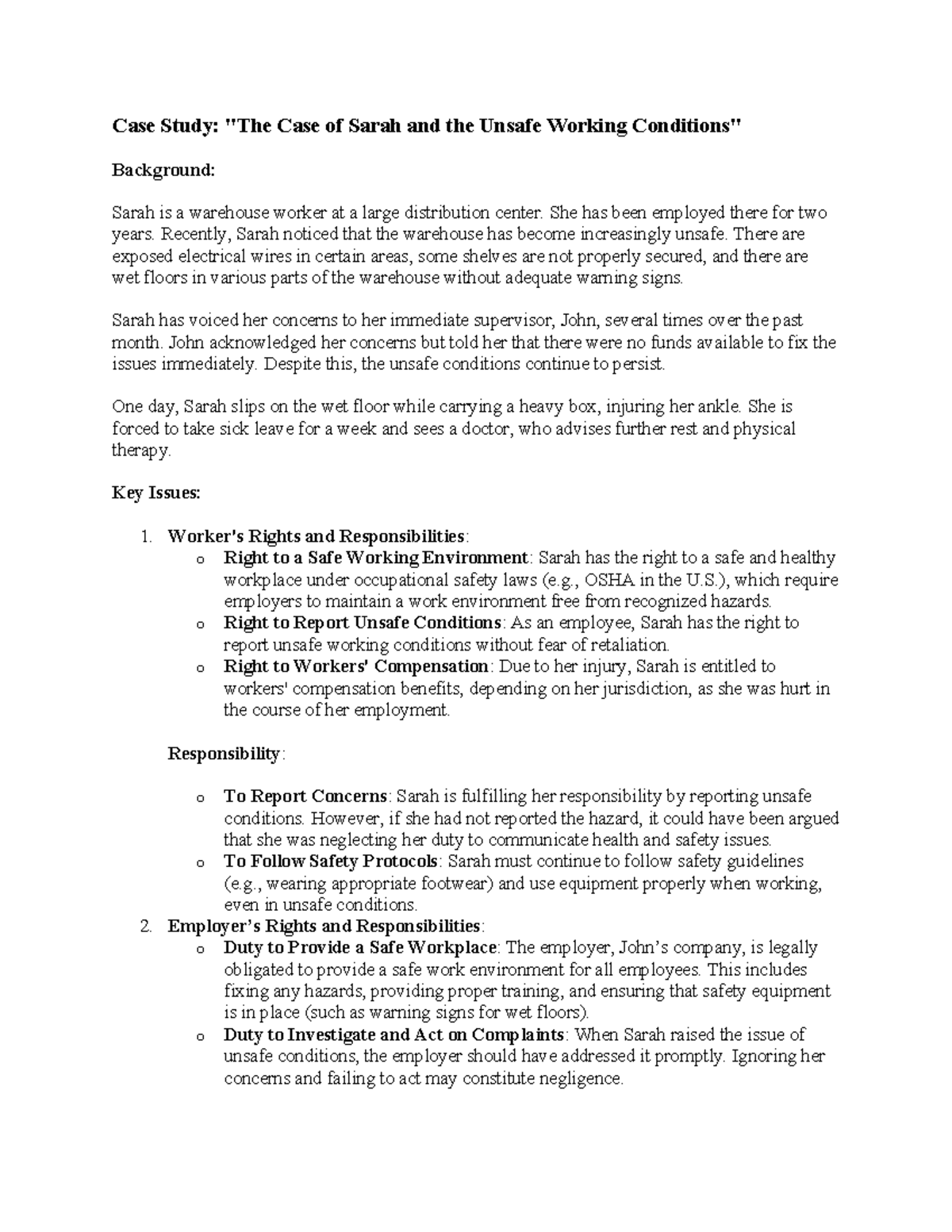 Case Study Rights and Responsibilities in the Workplace - Case Study ...