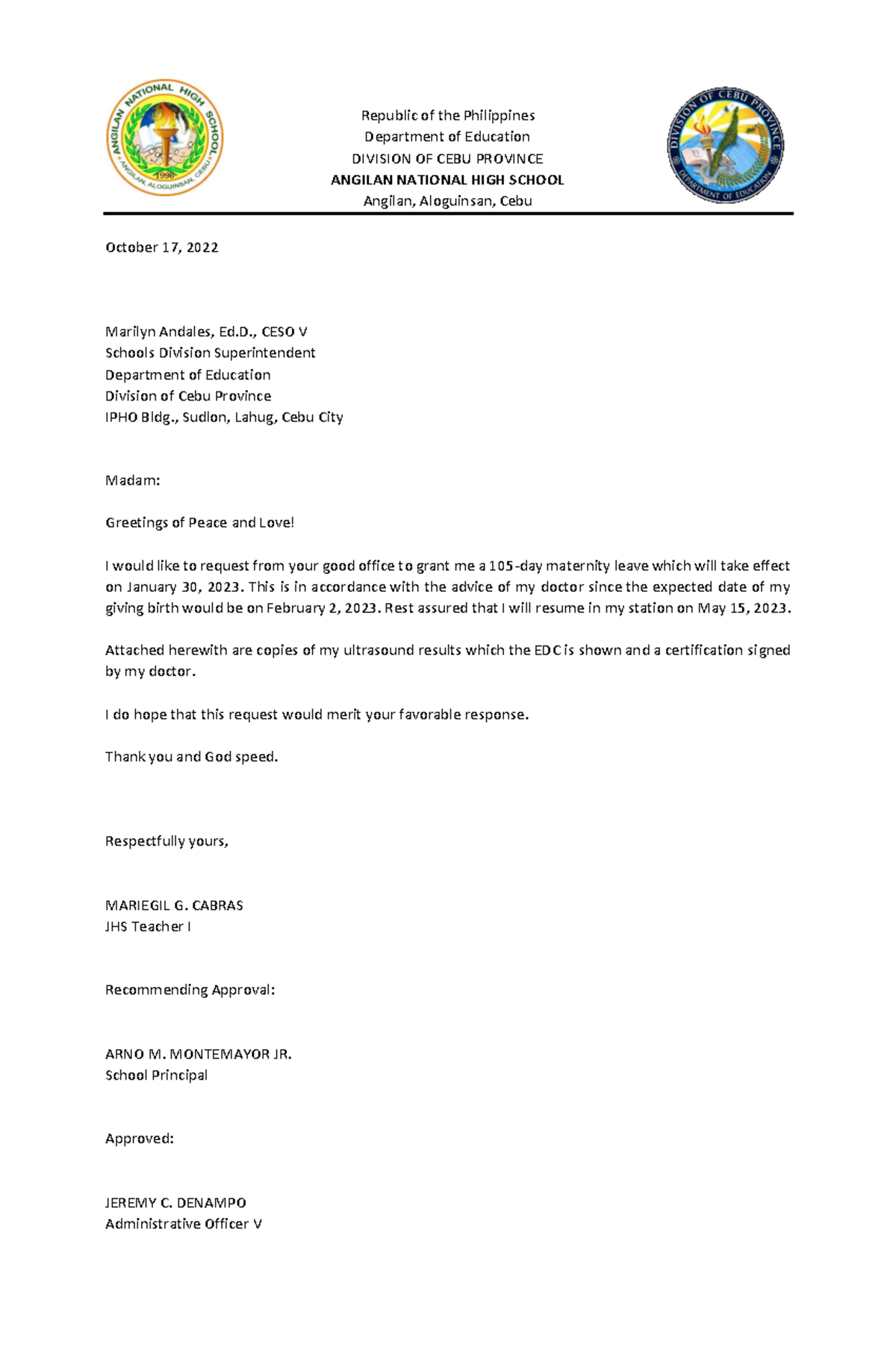 144928 - Maternity Leave Request Letter - Studocu