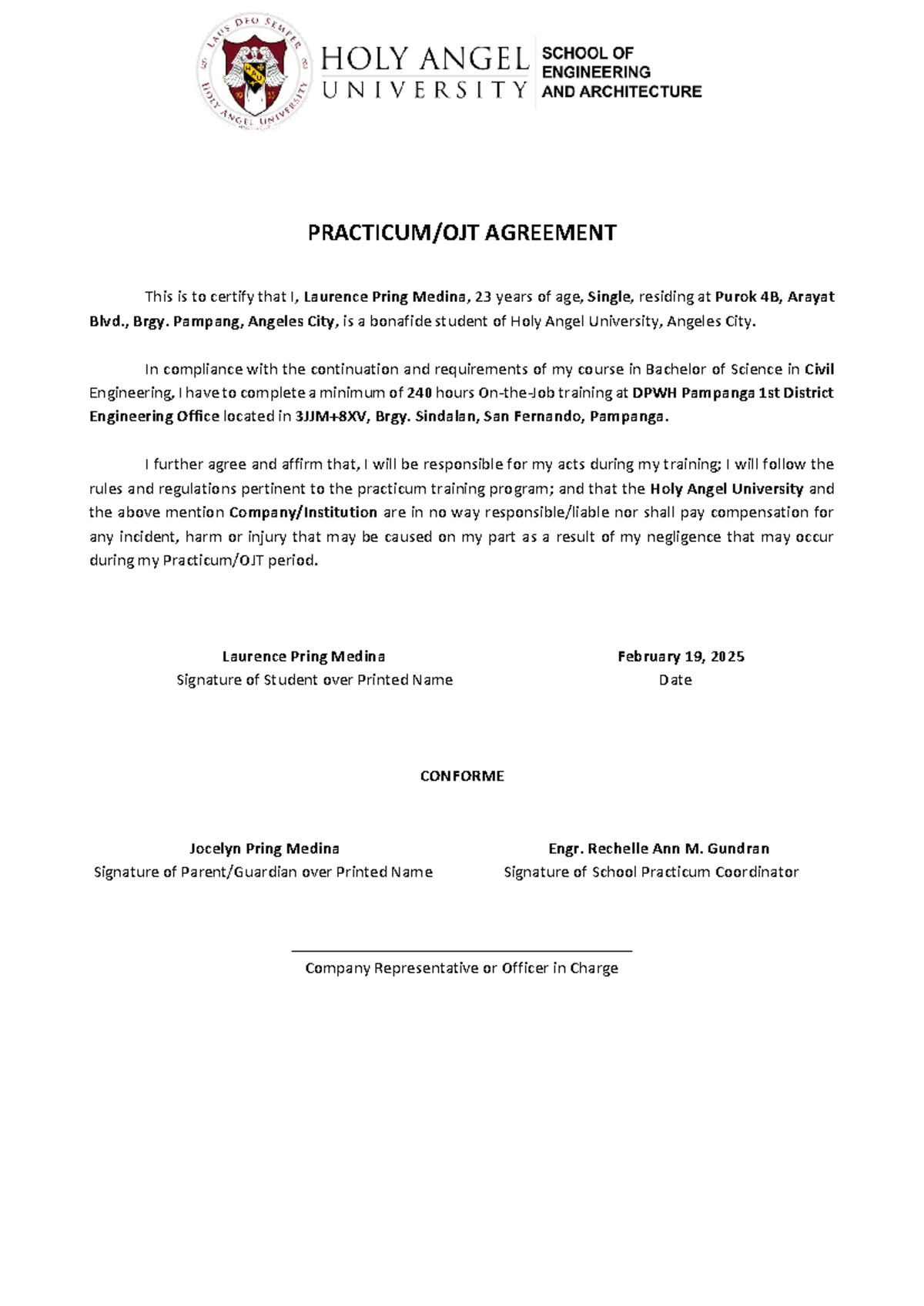 Lau 005 - Practicum Agreement for Civil Engineering Students - Studocu