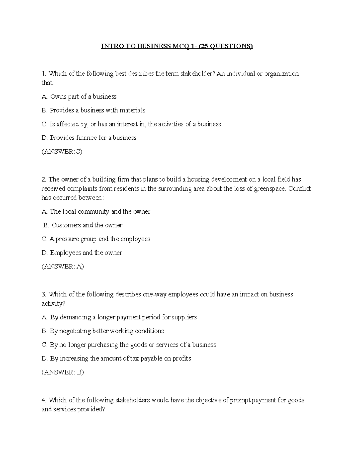 Intro to Business MCQ 1: 25 Essential Questions & Answers - Studocu
