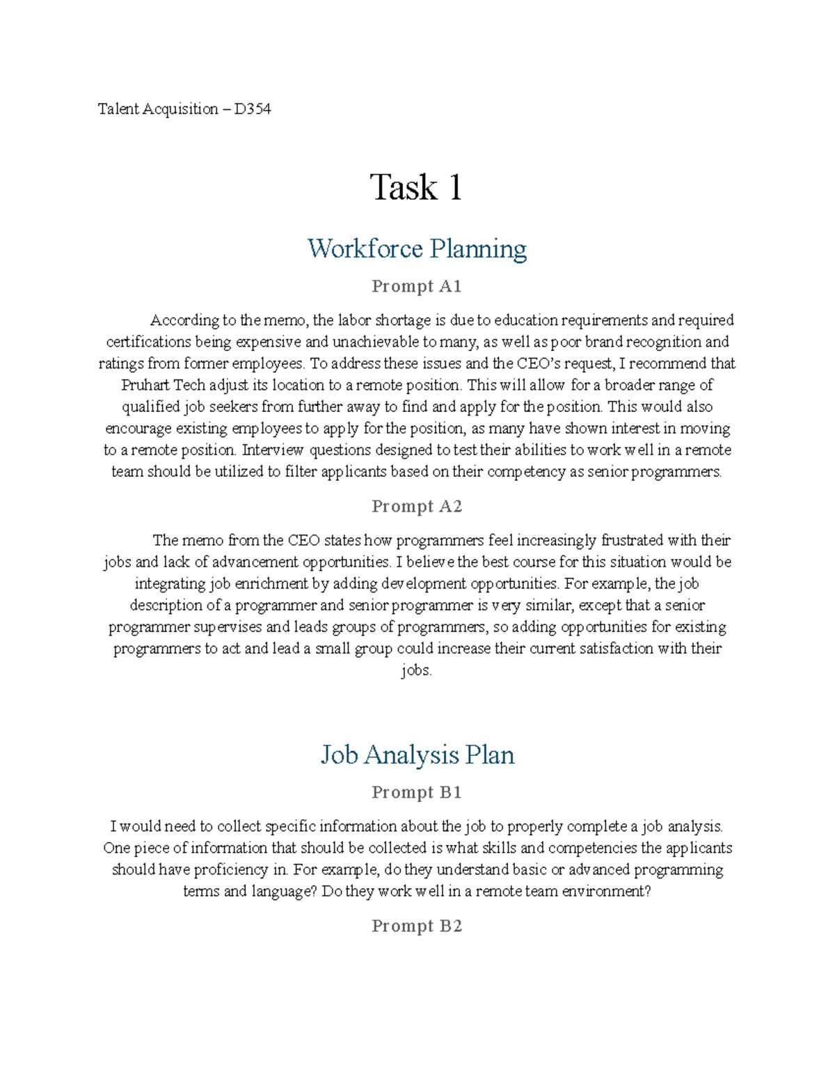Talent Acquisition D354 - Task 1: Workforce Planning Strategies - Studocu