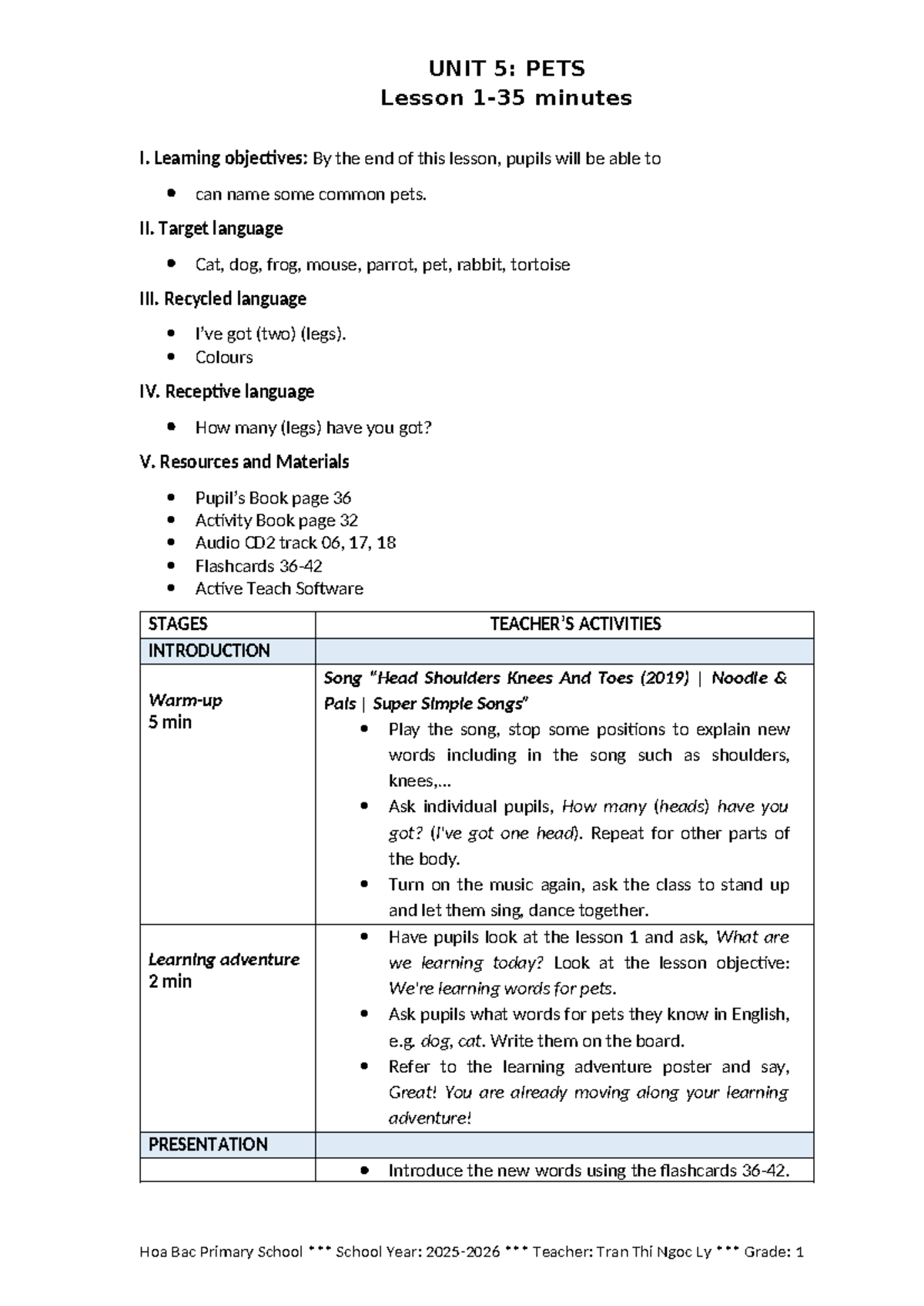 UNIT 5: PETS Lesson Plan for Grade 1 - Teacher Tran Thi Ngoc Ly - Studocu