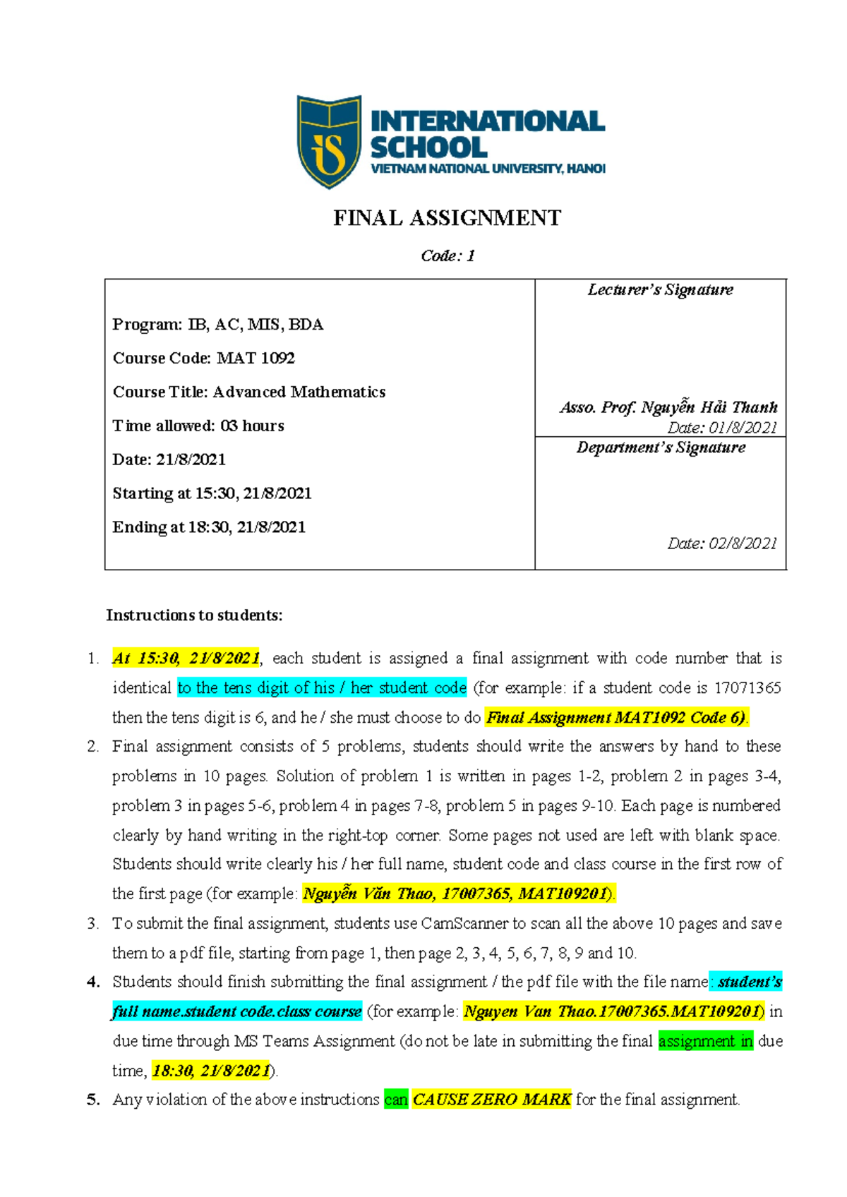 Final Assignment MAT1091 Code 1 - FINAL ASSIGNMENT Code: 1 Program: IB ...