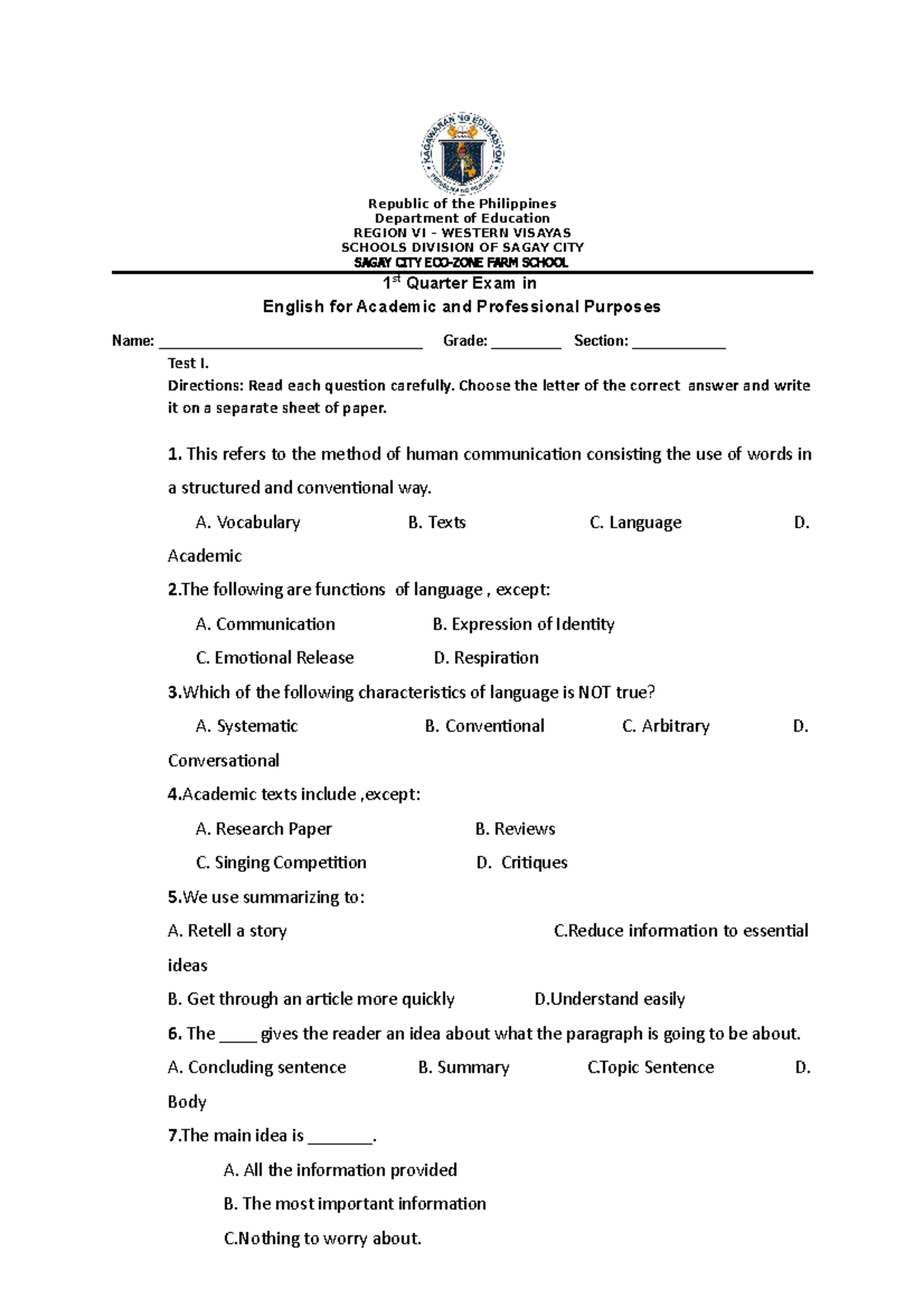 1st Quarter Exam in EAPP: English for Academic and Prof. Purposes - Studocu
