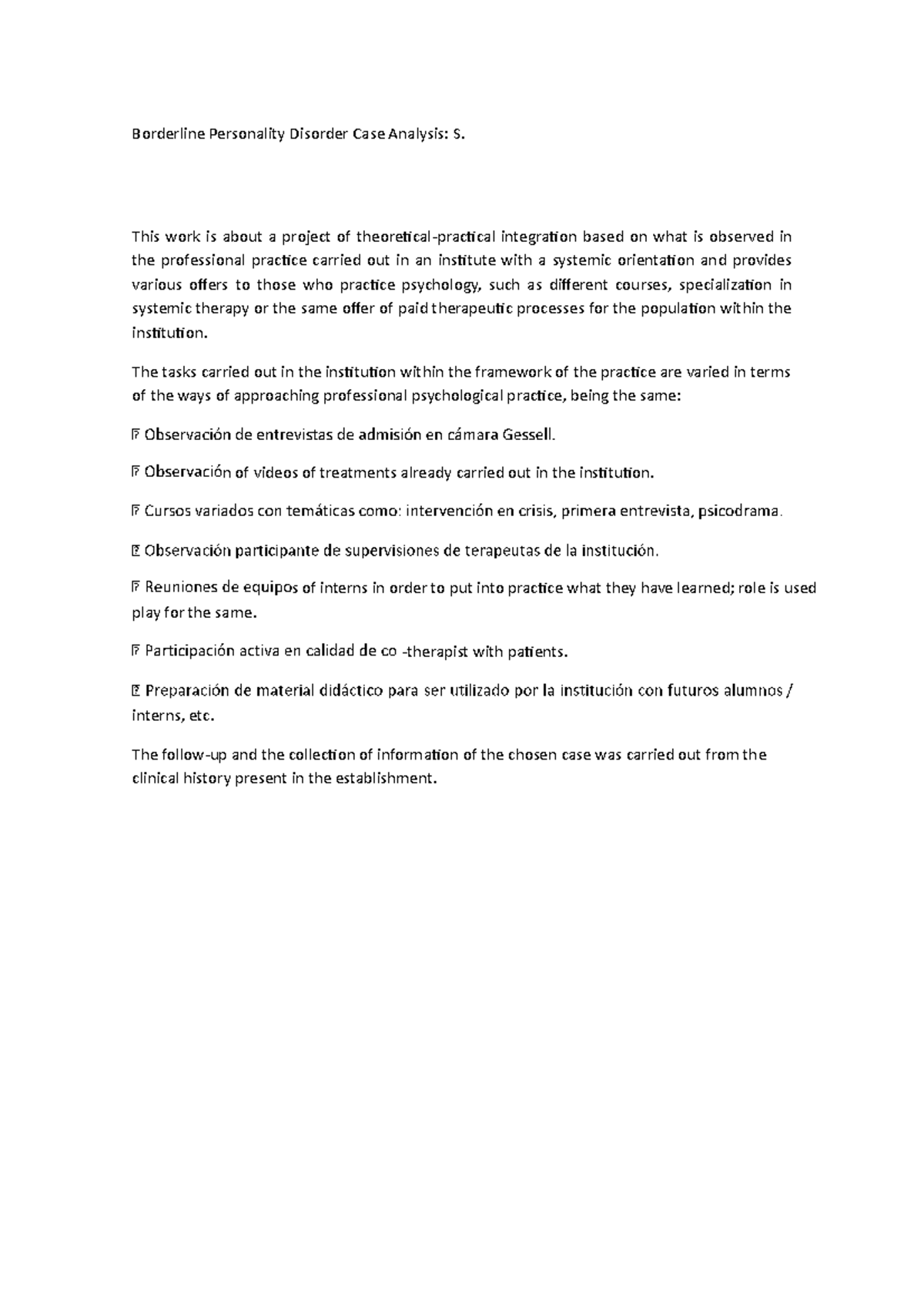 Borderline Personality Disorder Case Study Analysis S: Therapeutic ...