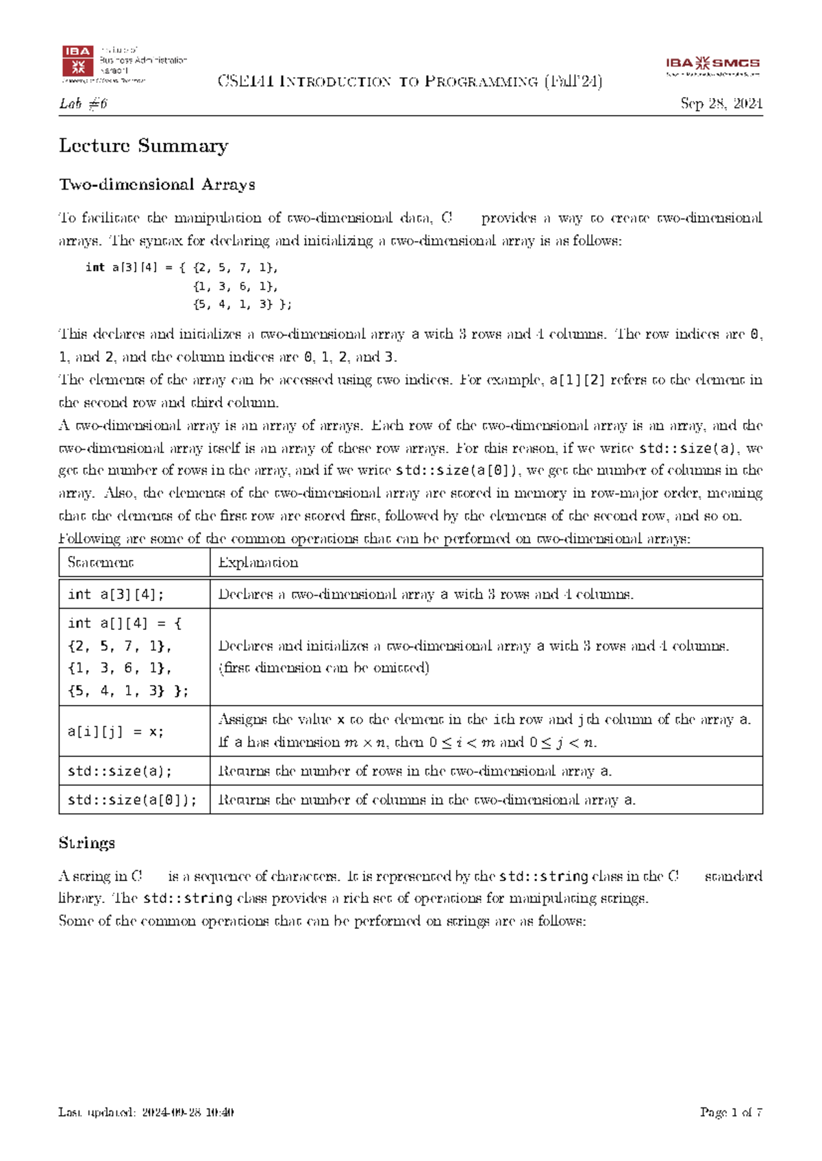 CSE141 - Lab 06 Questions on Two-Dimensional Arrays and Strings - Studocu