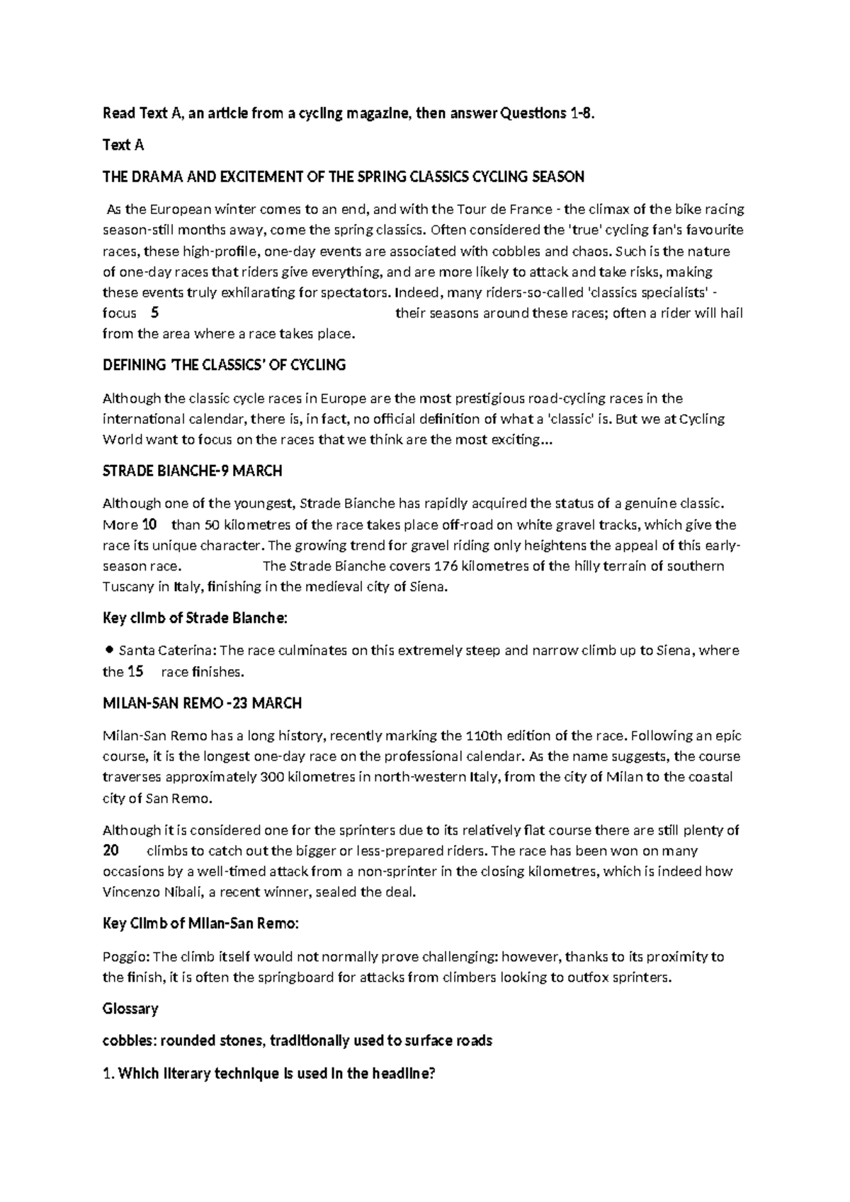 Cycling Comprehension: Spring Classics Overview and Questions - Studocu