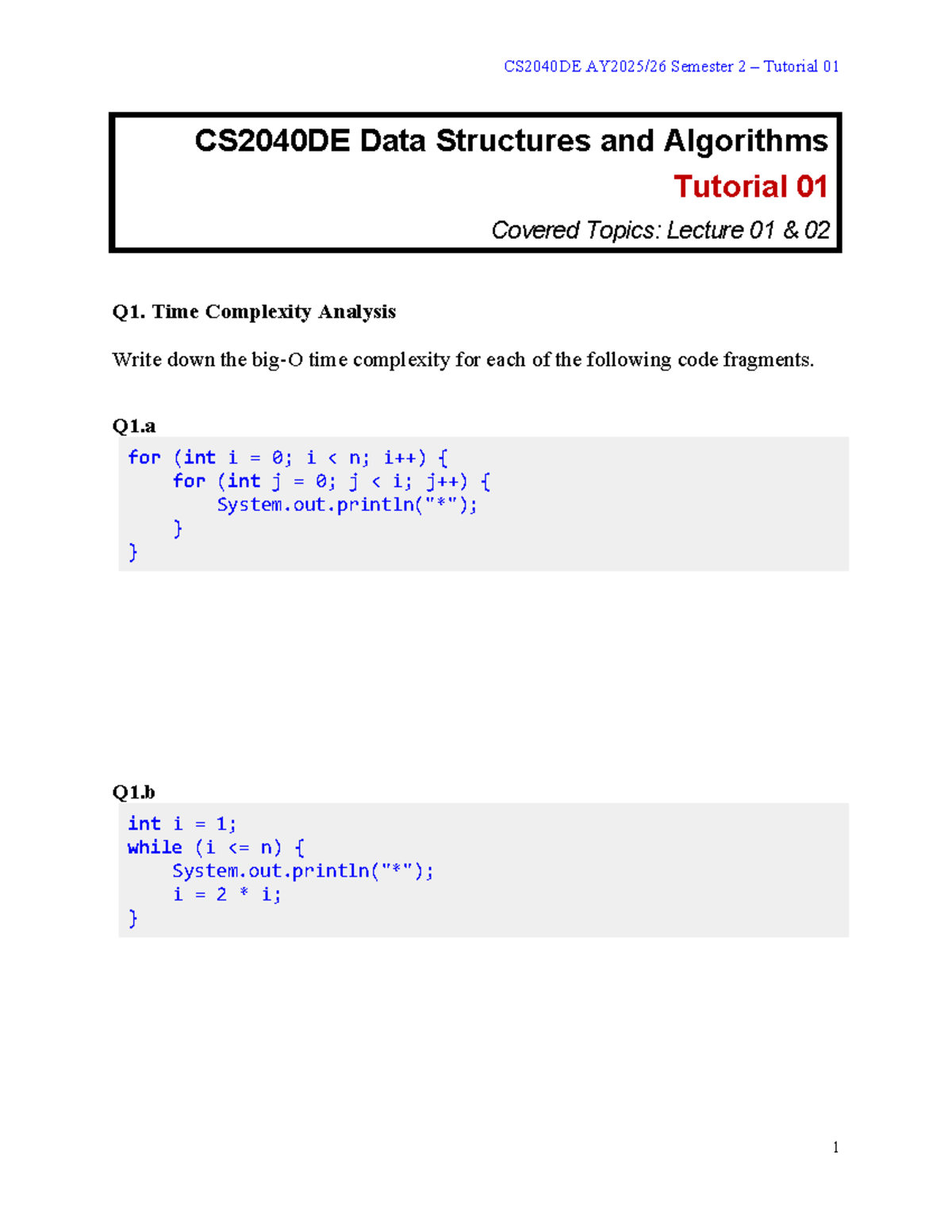 CS2040DE Semester 2 Tutorial 01: Time Complexity & Binary Search - Studocu